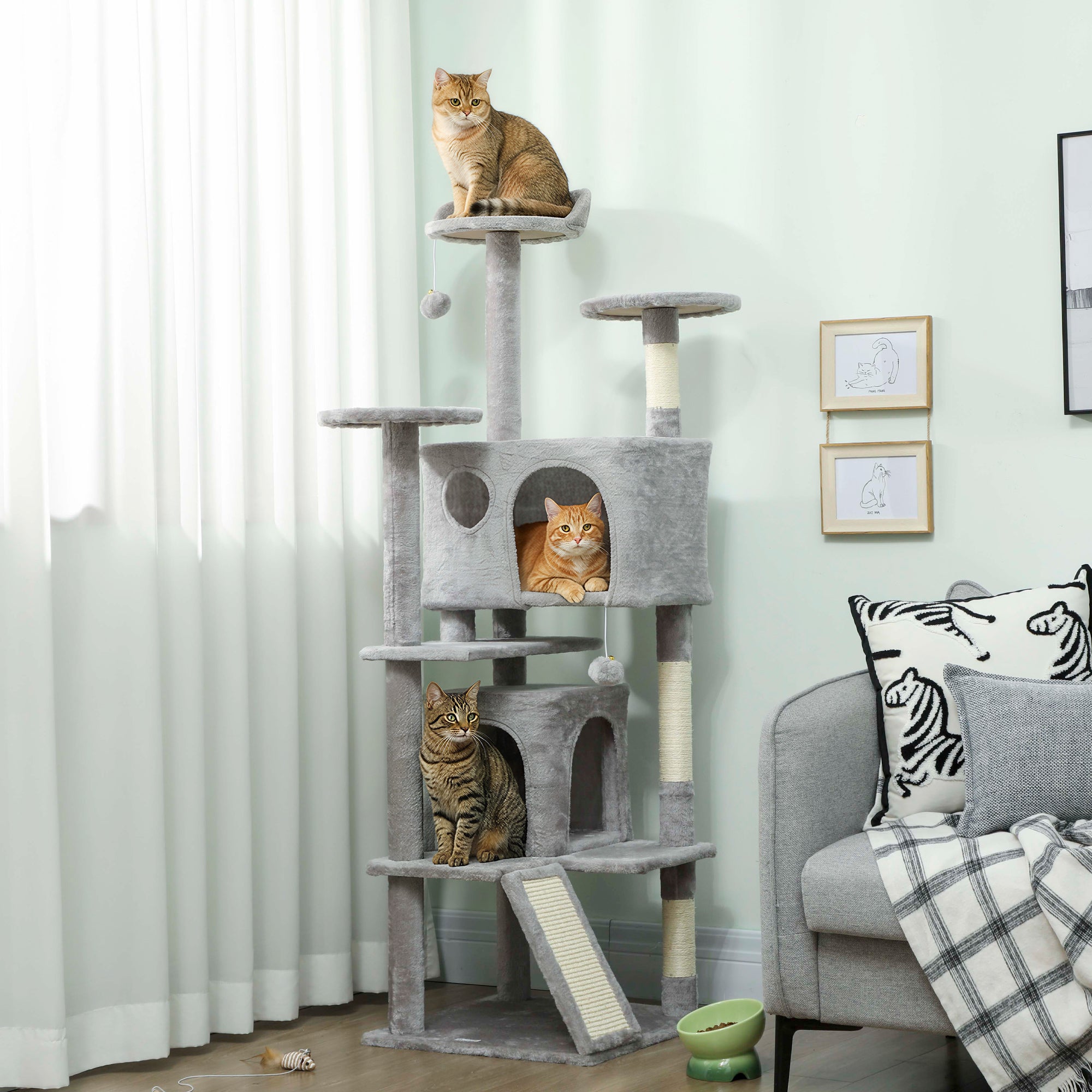 54" Cat Tree, Multi-Level Cat Tower with Scratching Posts, Cat Condos, Bed, Platforms, Ramp, Toy Ball, Light Grey