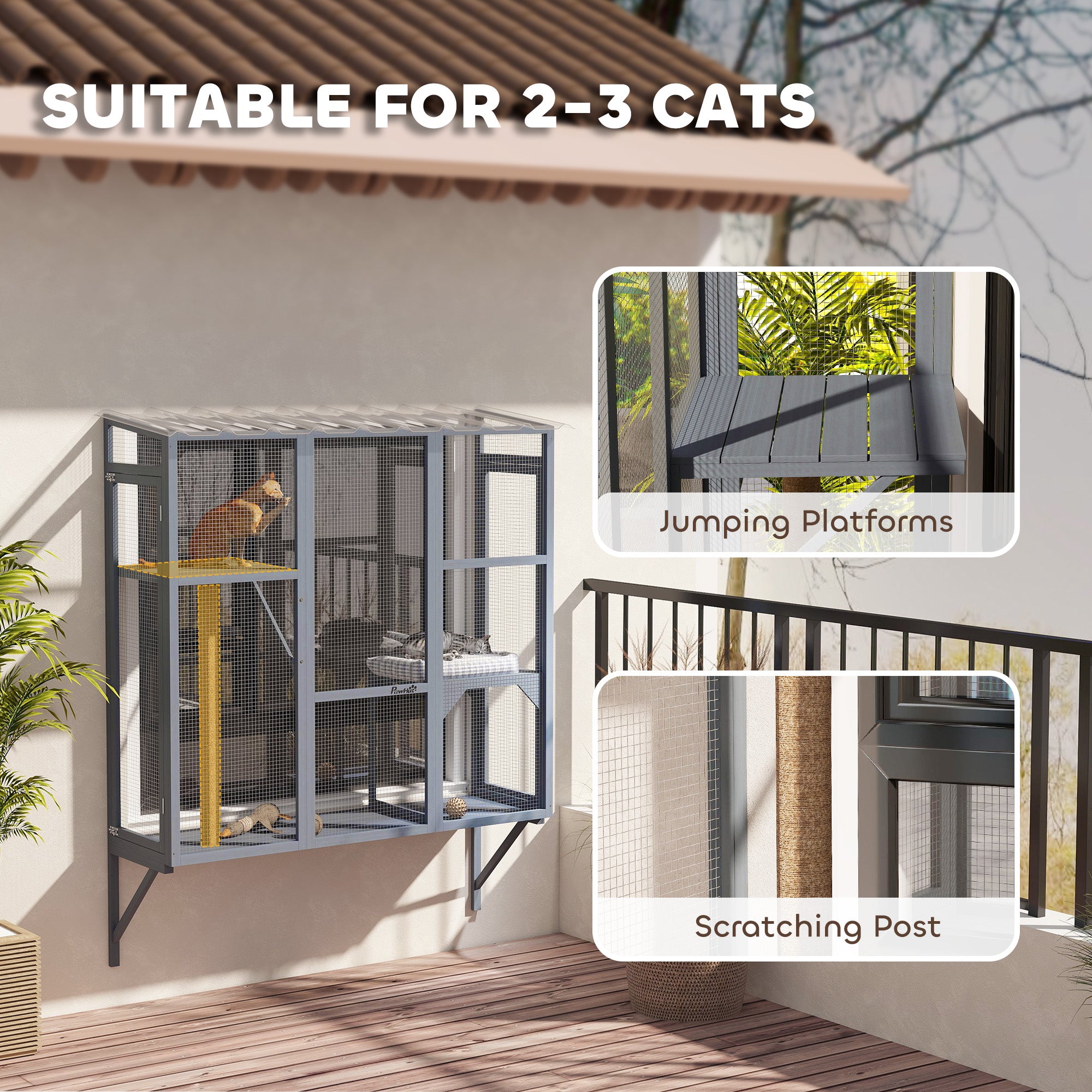 Enclos extérieur en bois pour chats, espace grillagé pour fenêtre permettant d’accueillir 2 à 3 grands chats, avec 2 plateformes de saut et un poteau à griffer, gris