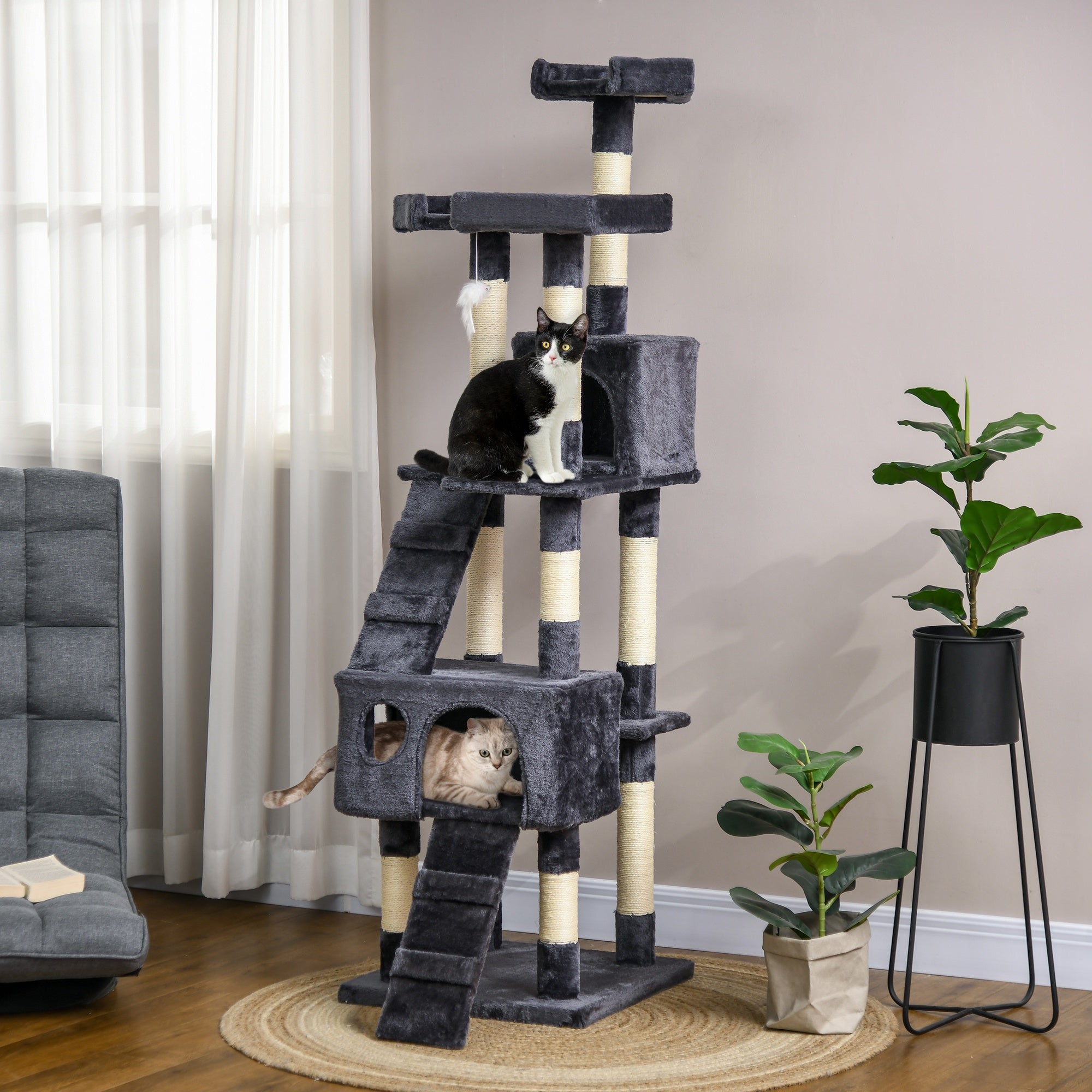 68-inch Multi-Level Cat Scratching Tree Kitty Activity Center Post Tower Condo Pet Furniture w/ Toy Charcoal Grey