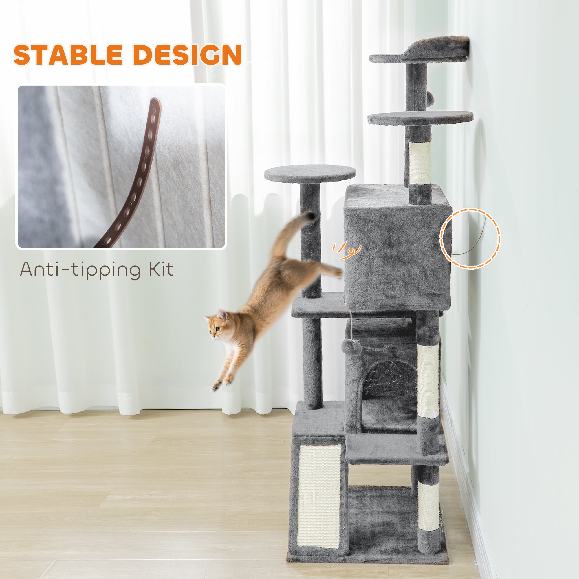 54" Cat Tree, Multi-Level Cat Tower with Scratching Posts, Cat Condos, Bed, Platforms, Ramp, Toy Ball, Light Grey