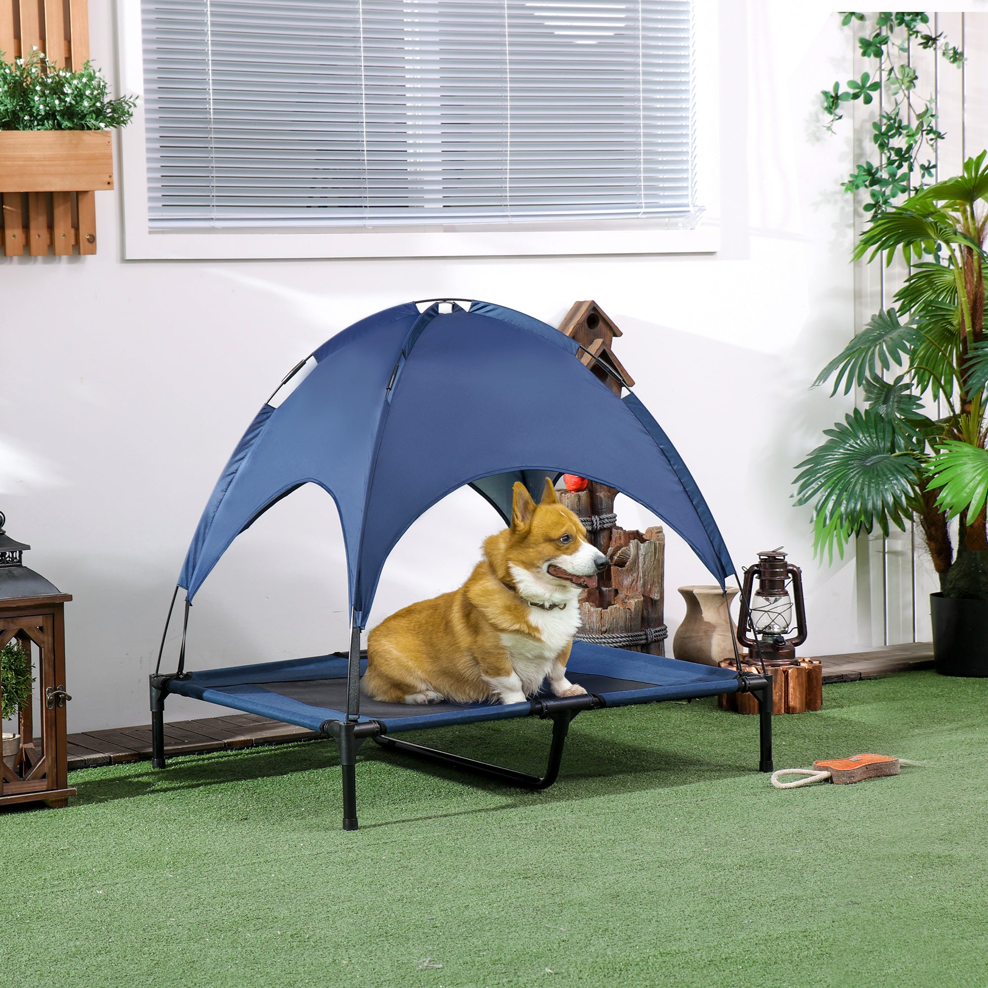 Lit surélevé pour chien avec auvent, lit pliant surélevé portable pour chiens de taille L, intérieur et extérieur, 36" x 30" x 35", bleu foncé