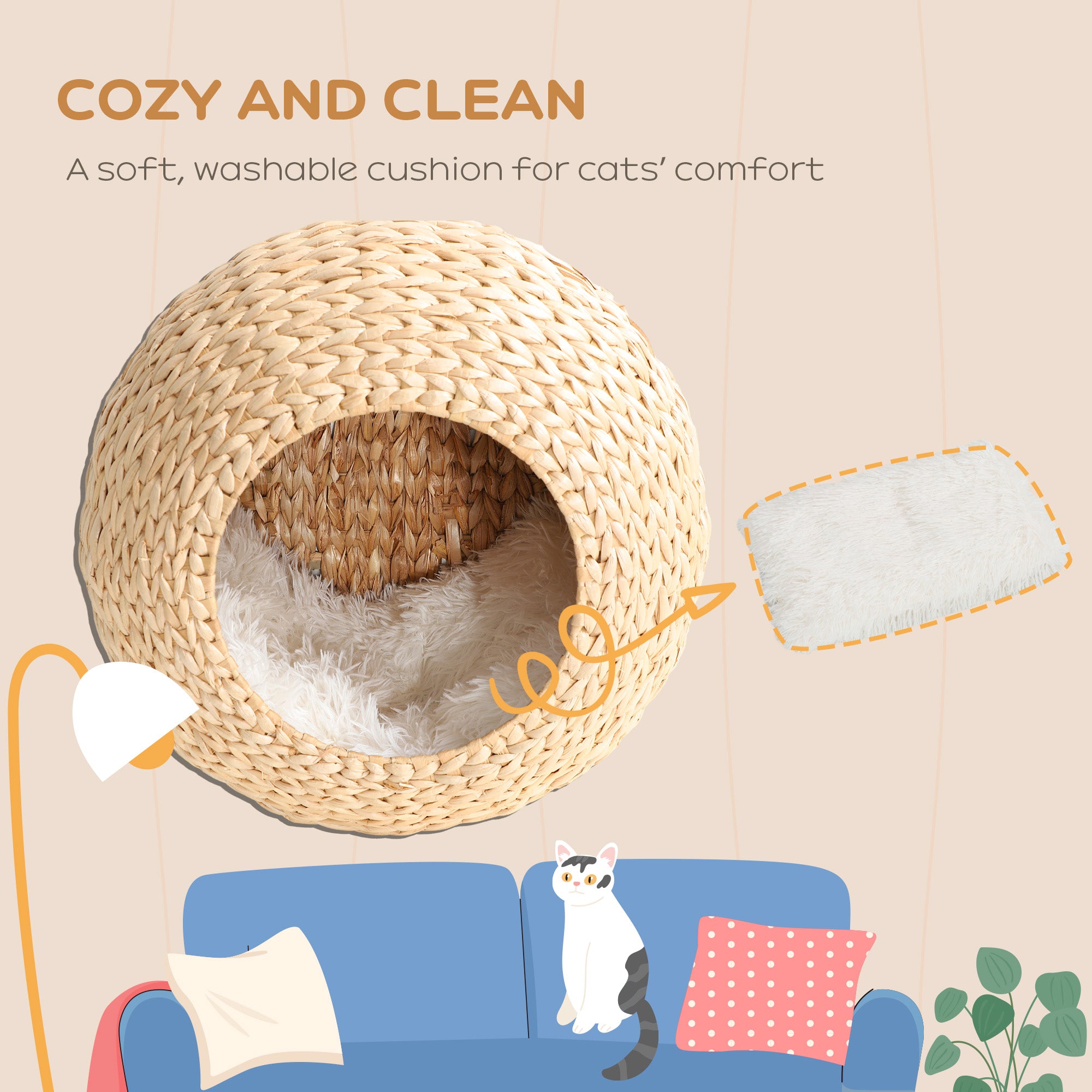 Cat Wall Shelf with Washable Cushion, Wall Mounted Cat Condo Furniture for Indoor Kittens, Beige