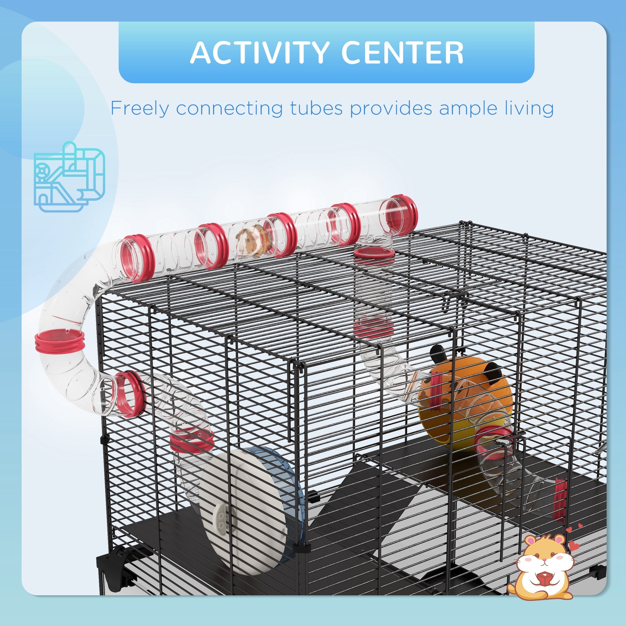 Hamster Cage with Deep Glass Bottom, Tunnel Tube System, Platforms, Hut, Exercise Wheel, Water Bottle, 24" x 16" x 22"