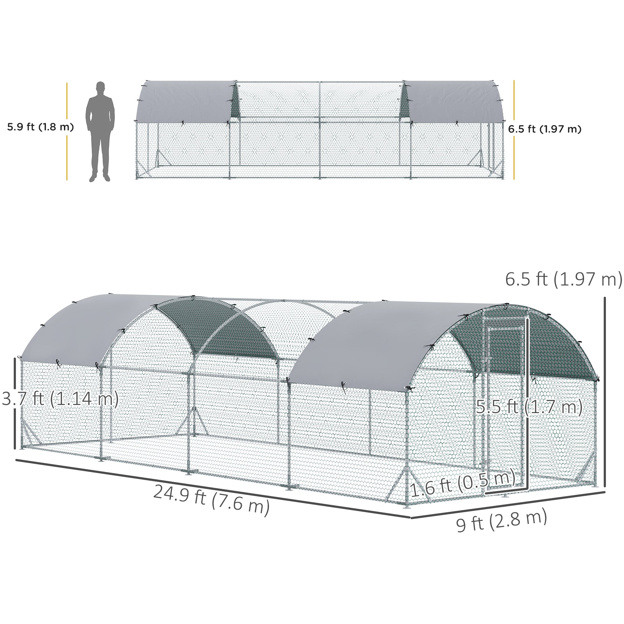 Grand poulailler-cage en métal galvanisé avec enclos accessible, parcours pour volailles, maison de jeu et clapier à lapins avec couverture pour extérieur et jardin, 9,2' x 24,9' x 6,5', argenté