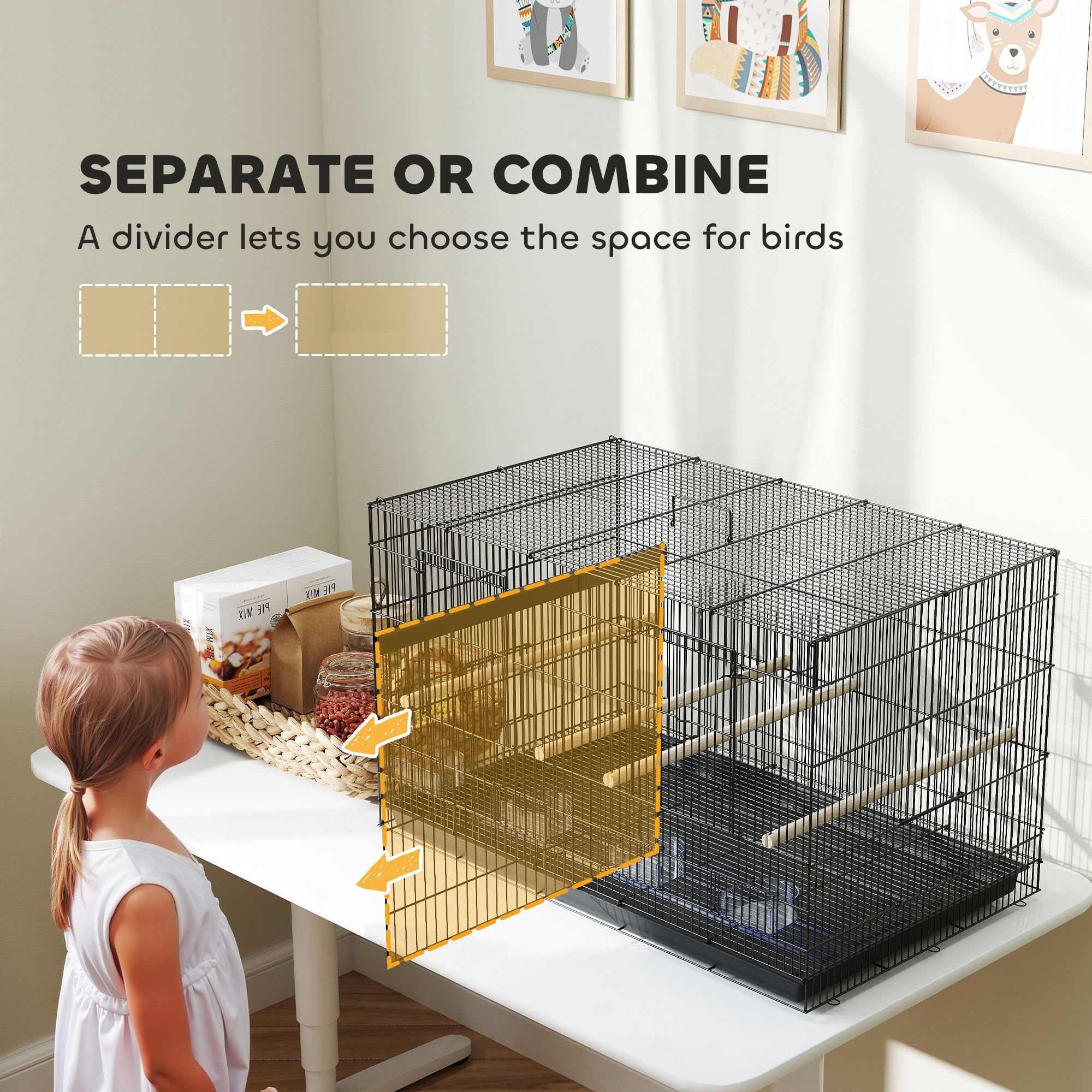 18" H Bird Cage, Large Parakeet Cage for Budgie, Lovebird, Canary, Finches with Divider, Black