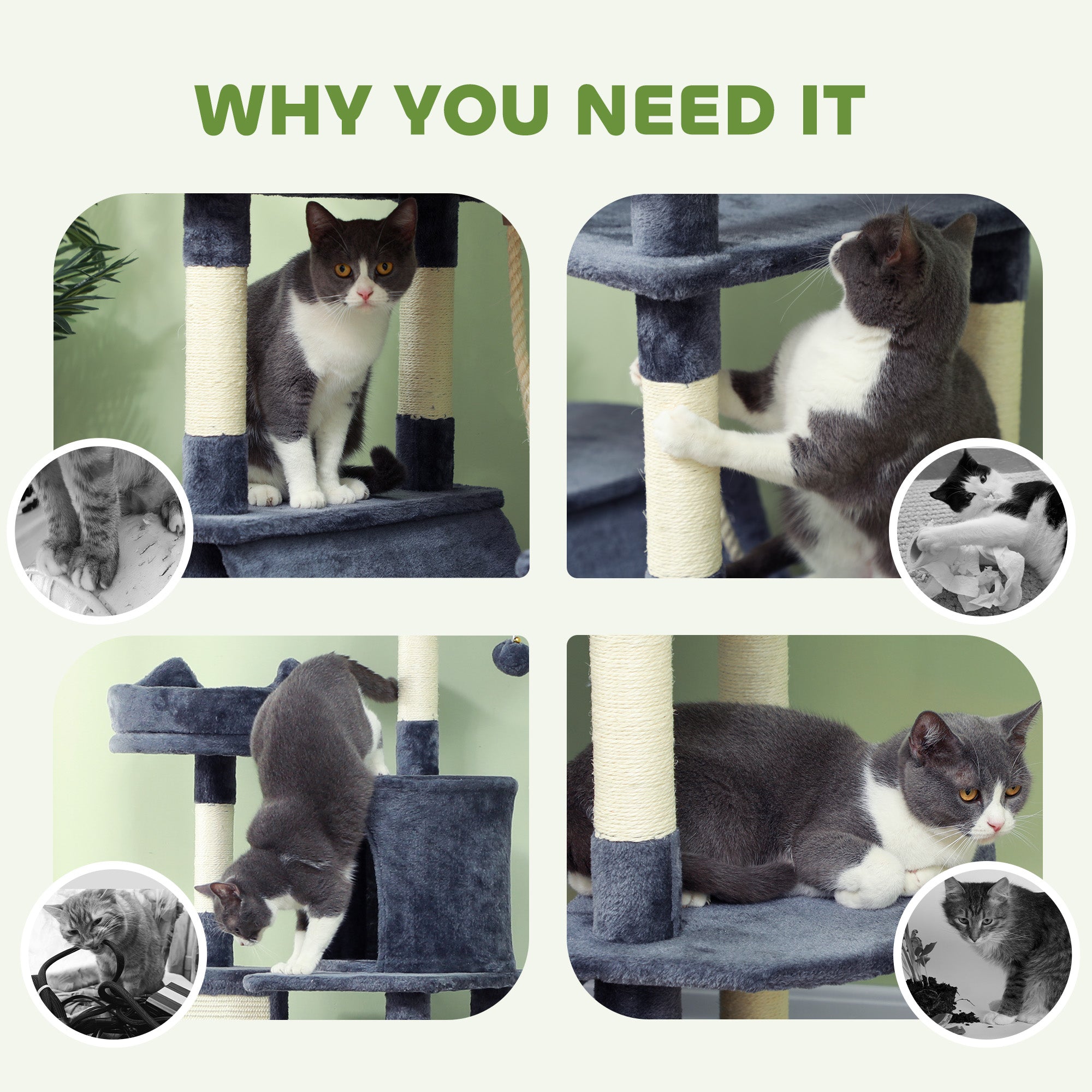 81" Large Cat Tree w/ Scratching Posts, Condos, Beds, Hammocks, Jumping Platforms, Toy Balls, Rope Cat Toy, Dark Grey