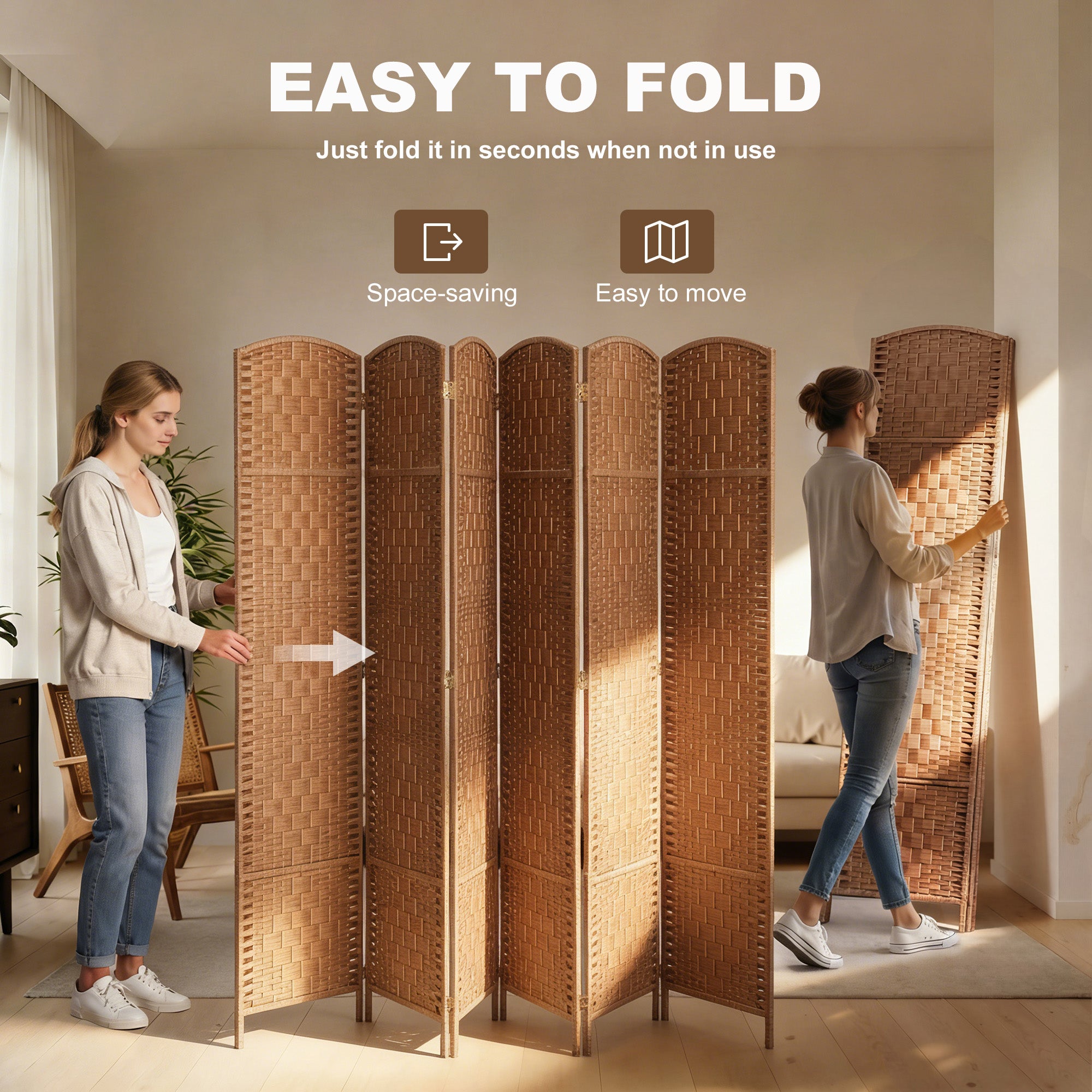 Séparateur de pièce pliant de 6 pieds, cloison murale à 6 panneaux avec cadre en bois pour chambre et bureau à domicile, finition naturelle