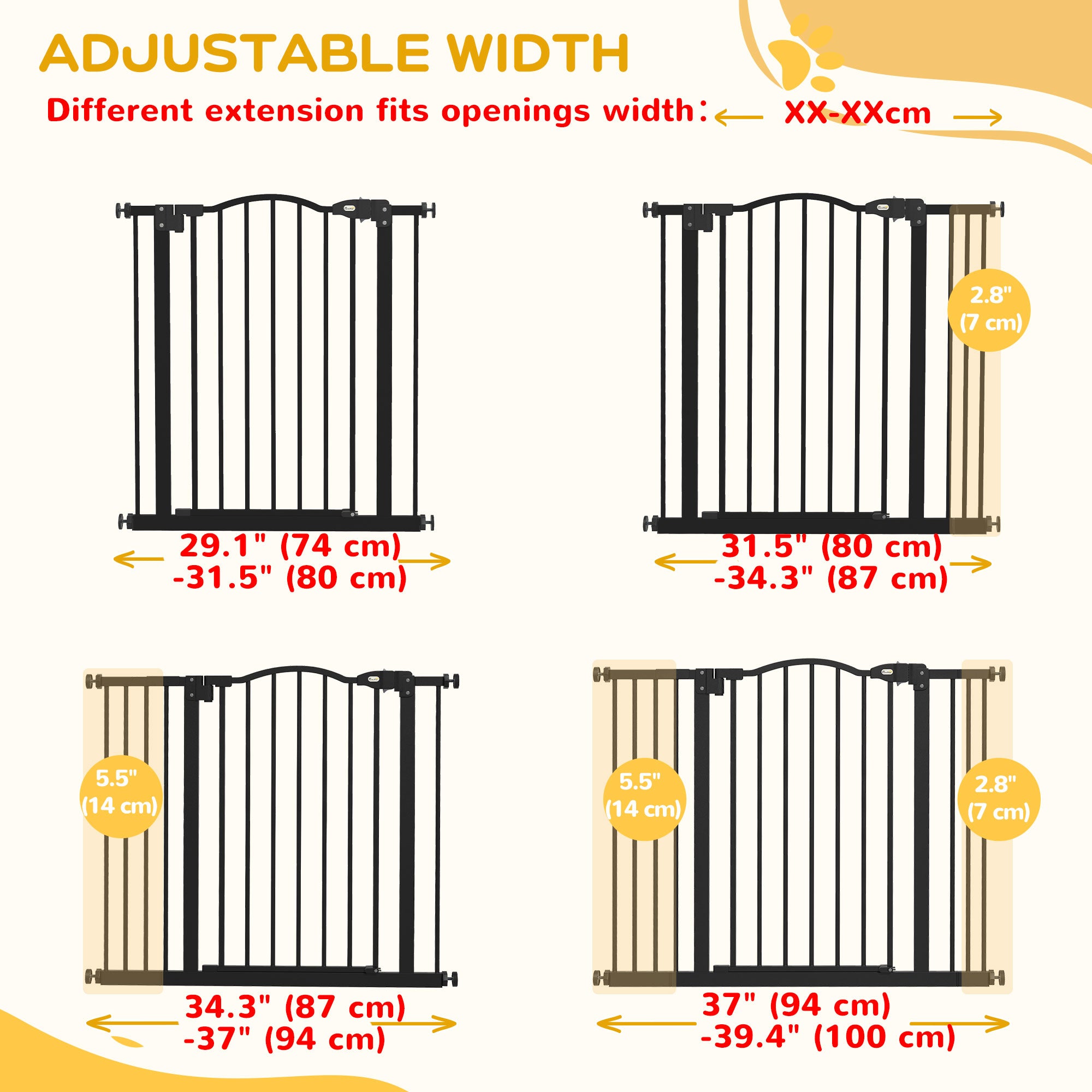 Extra Tall Dog Gate with Door, Pressure Fit, Auto Close, Double Locking for Doorways Hallways Stairs, 29"-39", Black