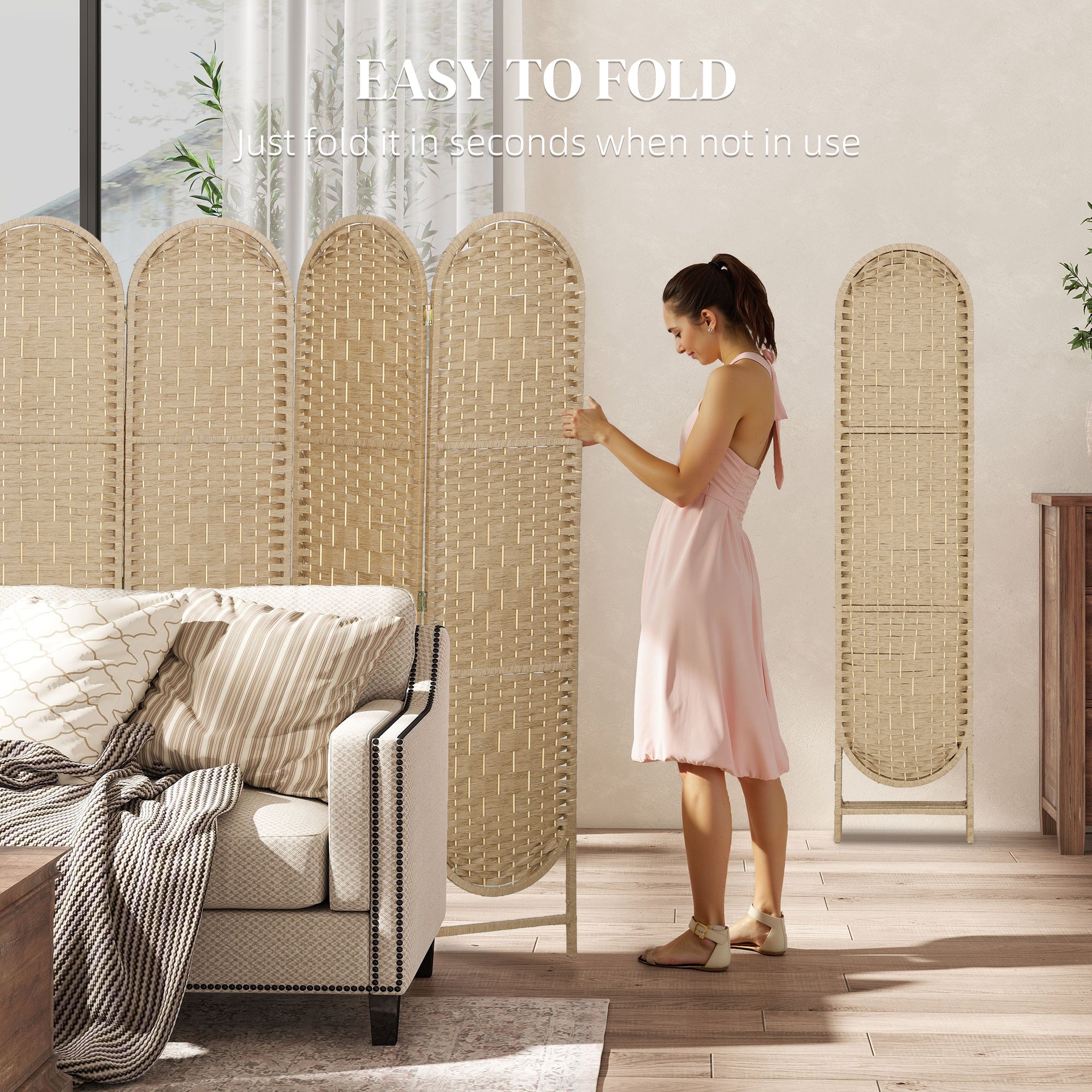 Bohemian Privacy Screen, Folding Room Divider with 6 Panels and Arched Top for Bedroom Living Room Office, Natural Wood