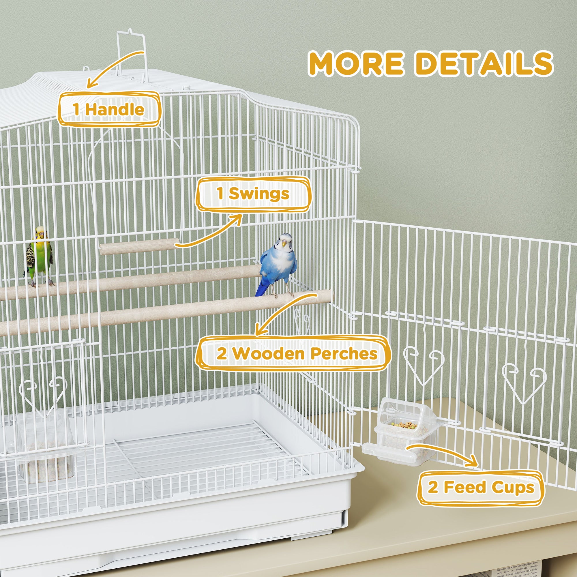 23" Bird Cage, Finches Canaries, Parrot Cage with Doors Perches, 2 Feeder Pet Supplies, White