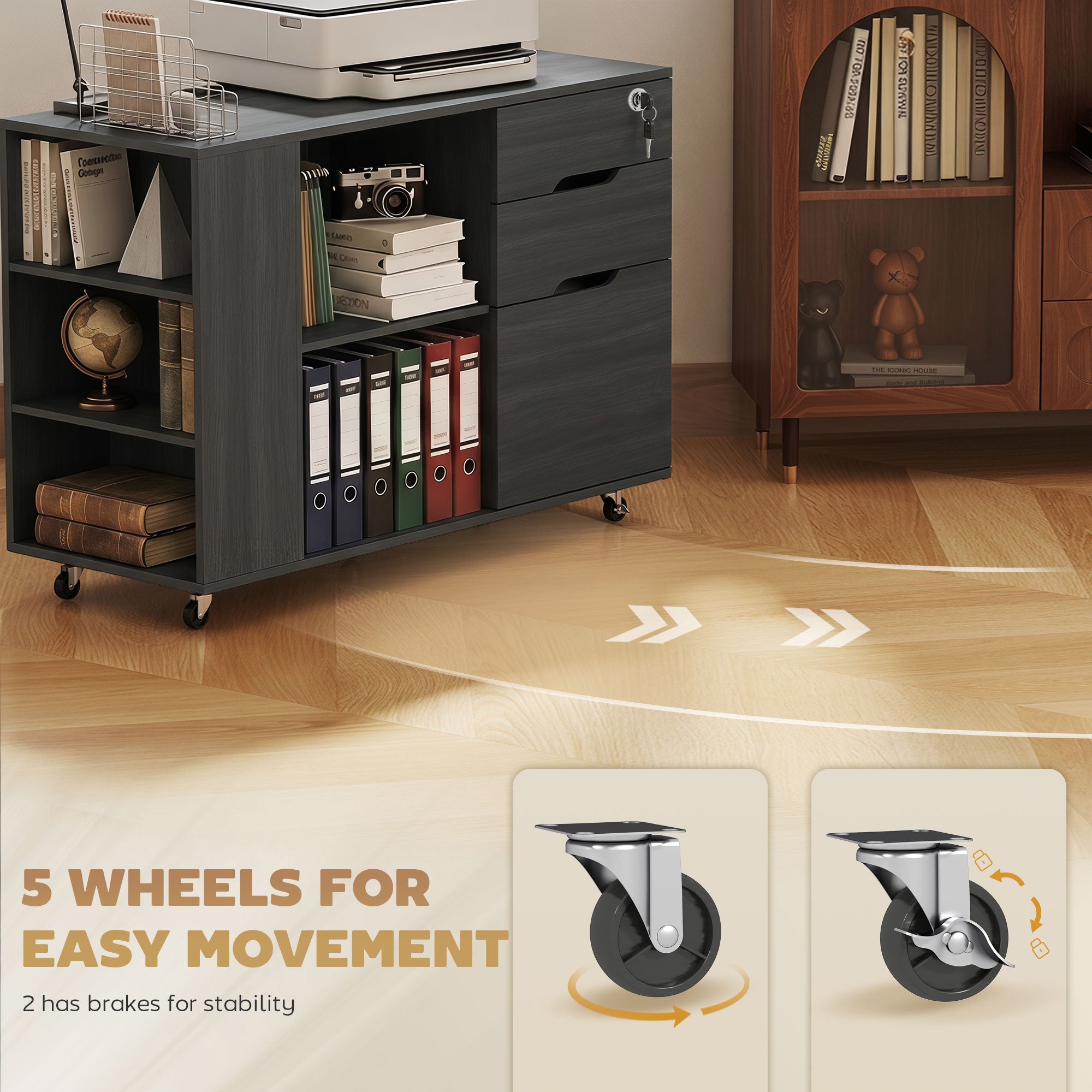 Filing Cabinet with Power Outlets - Black Wood Grain