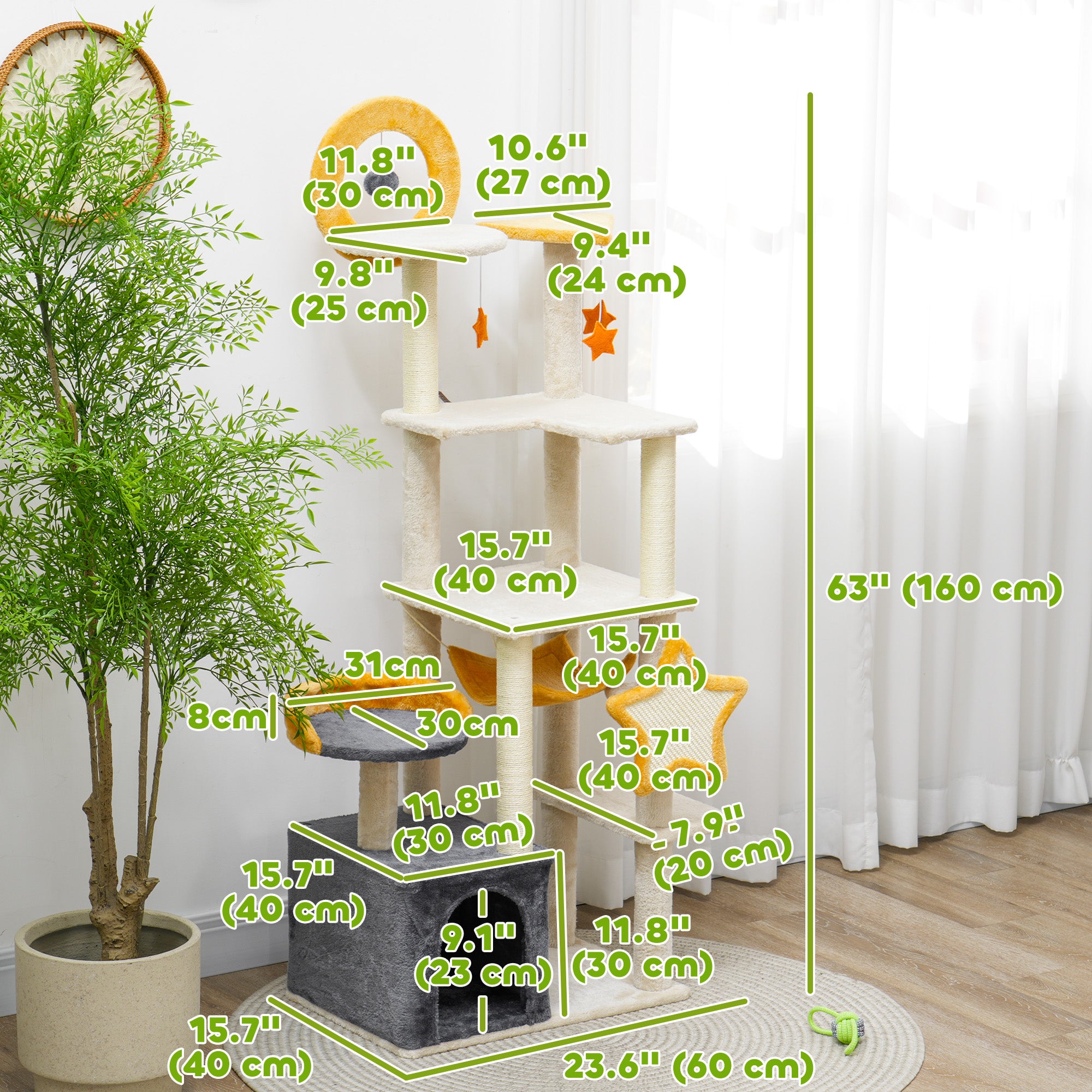 Arbre à chat sur le thème des étoiles et de la lune avec poteaux à griffer, niche, lit, planche à griffer et jouets pour chat, beige