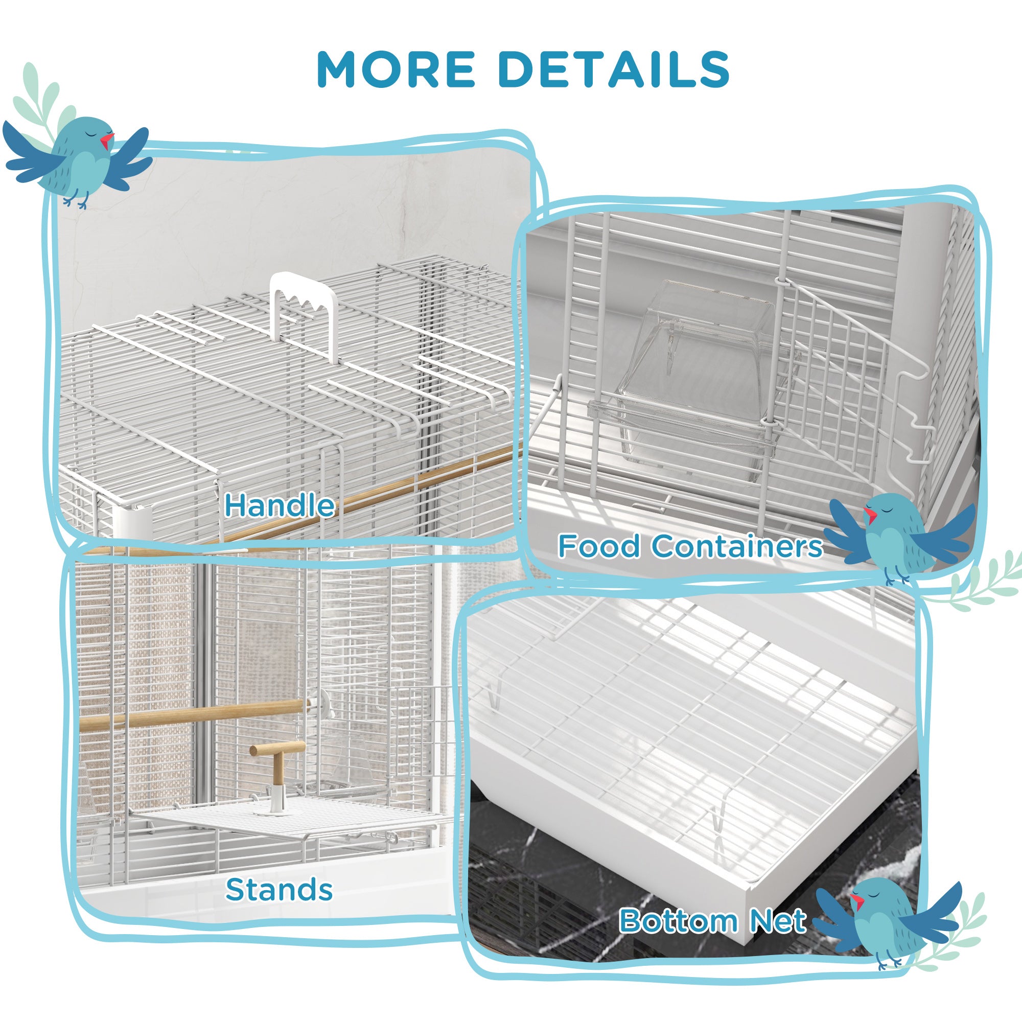 22" Bird Cage for Budgie Finches Canaries Love Birds with Wooden Stands, Slide-Out Tray, Handles, Food Containers, White