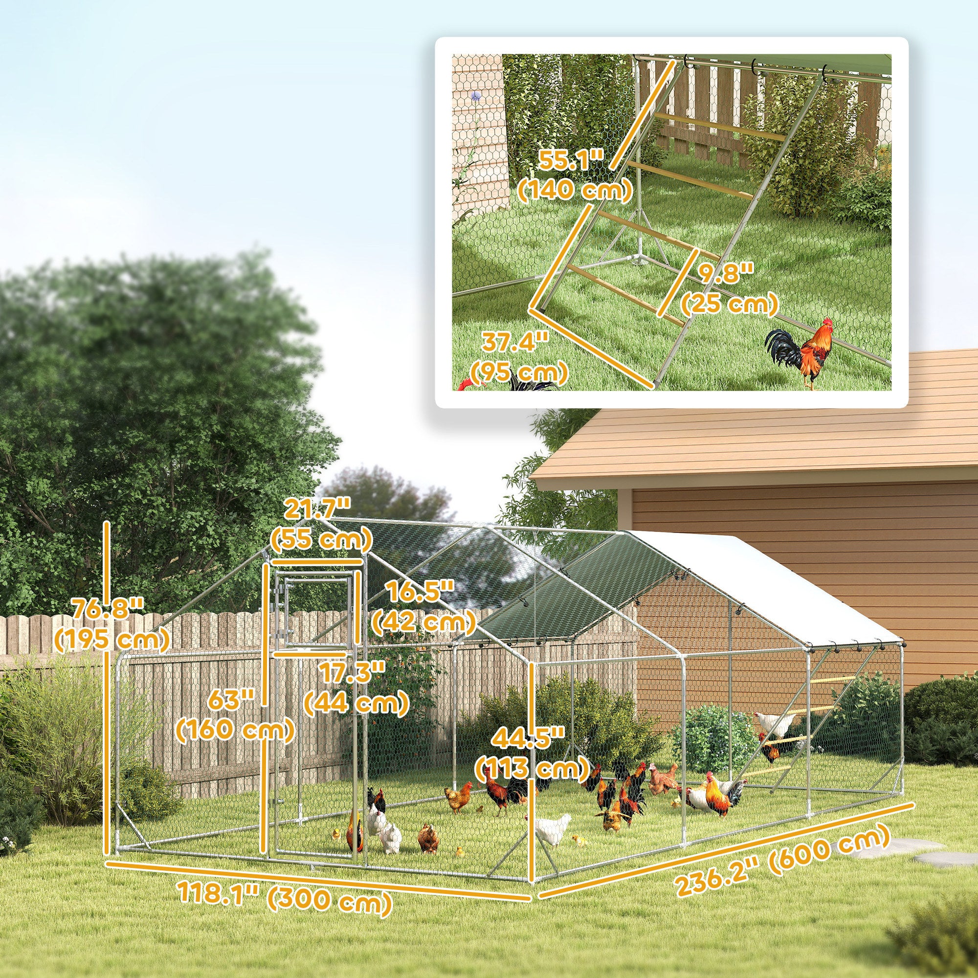 Large Metal Chicken Run with Waterproof & UV-Resistant Cover, Feeding Door, Hanging Feeder, Perch for 18-24 Chickens
