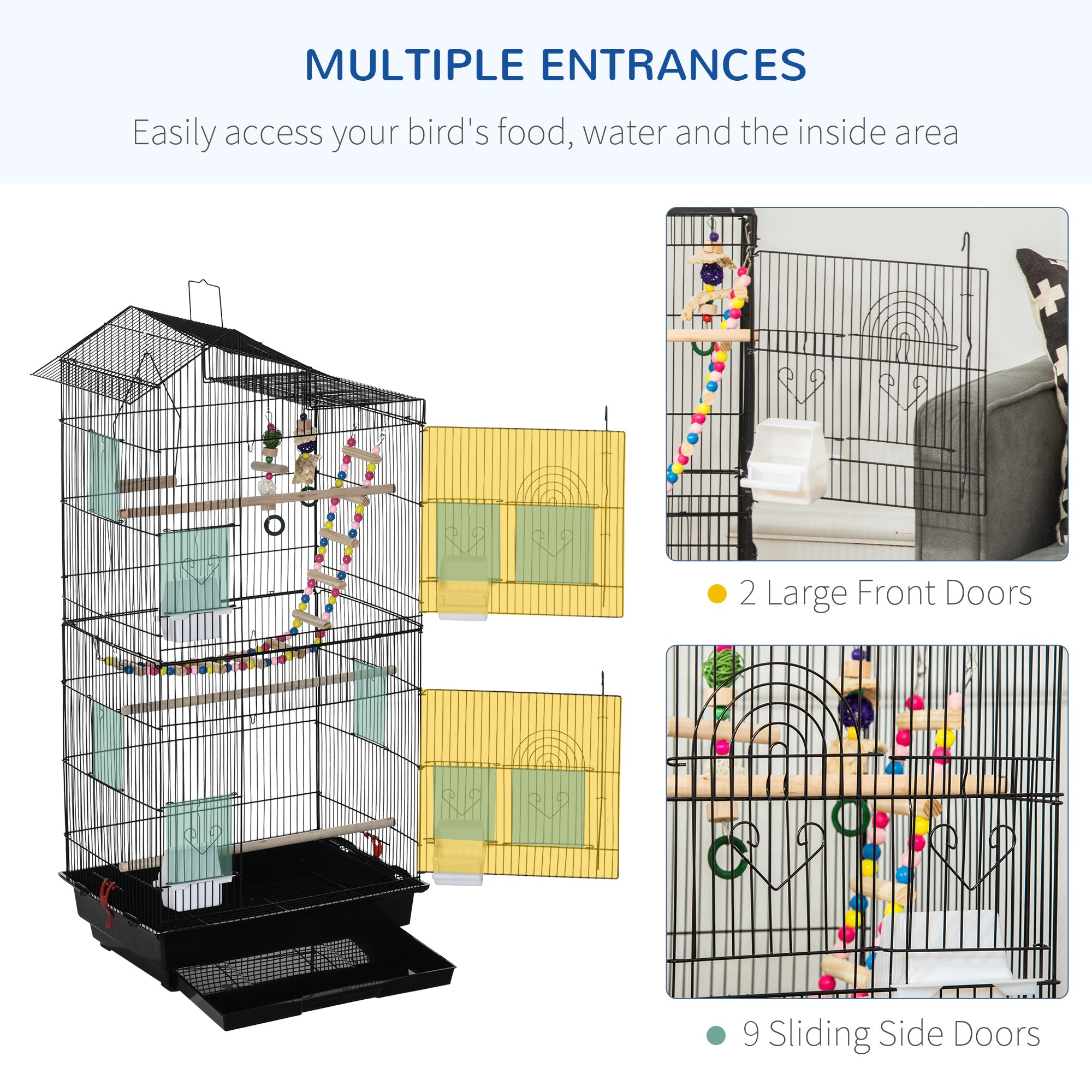Cage à oiseaux de 39" pour perruches, calopsittes, conures et petits oiseaux, avec échelle, balançoire, jouets, perchoirs, plateau, mangeoires et poignée