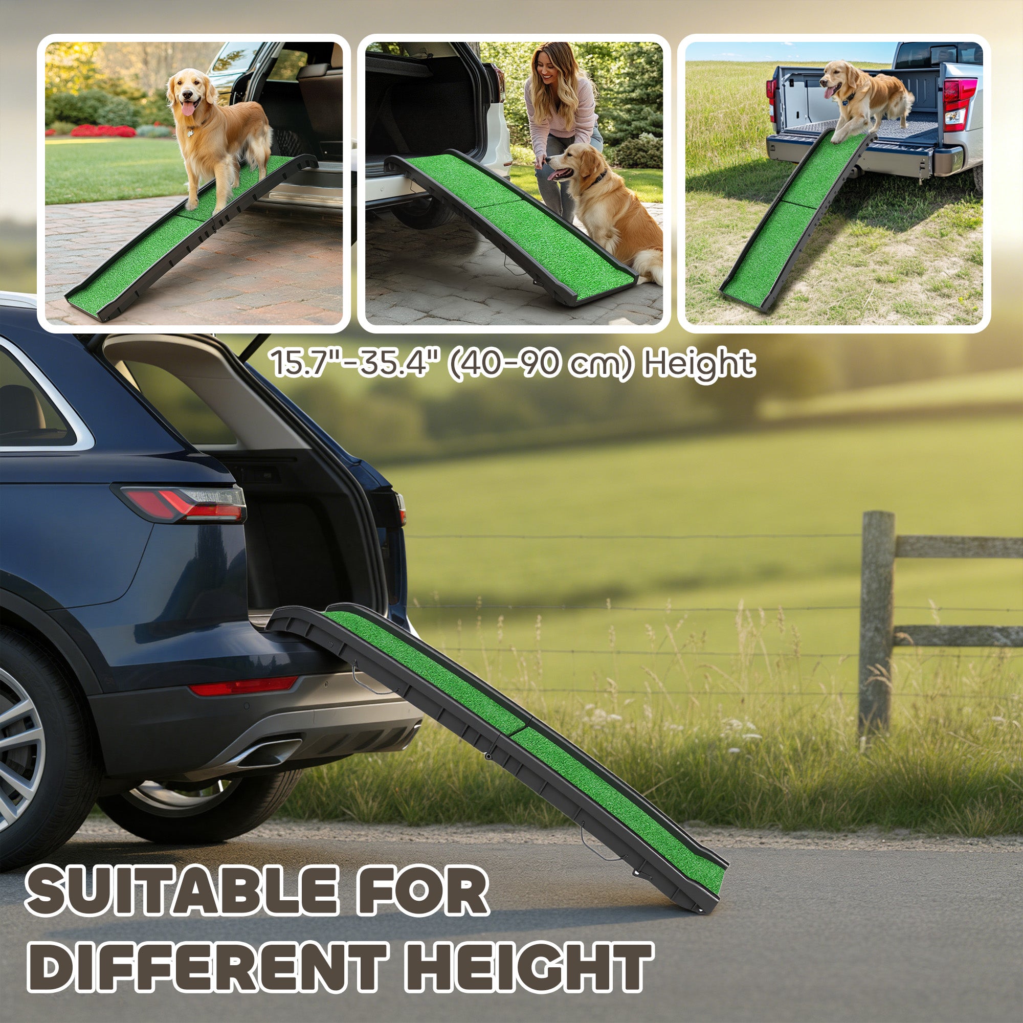 61 Inches Folding Pet Ramp with Grass Surface, Raised Side Rails, for Cars, SUVs