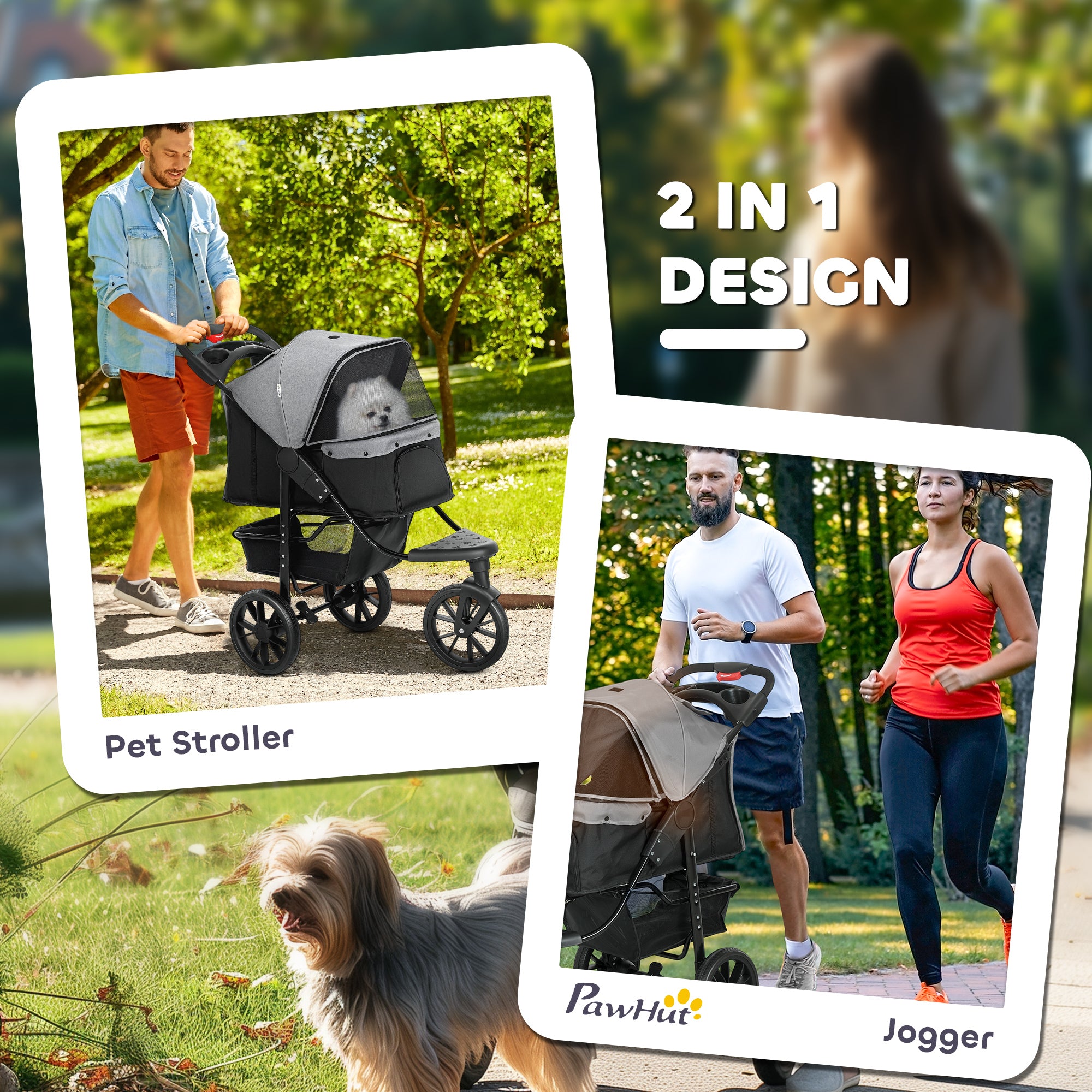 3 Wheel Folding Dog Stroller, Travel Carrier with Adjustable Canopy, Storage Brake, Mesh Window for S&M Dogs Grey