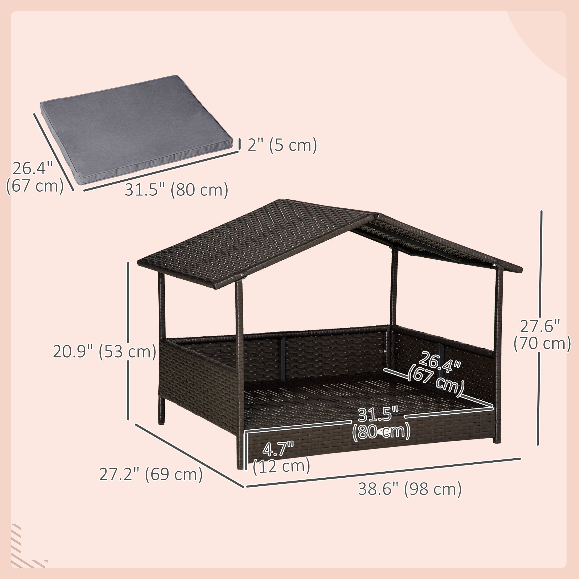 Rattan Dog House with Canopy, Wicker Dog Bed with Water-Resistant Cushion, for Small and Medium Breeds Grey