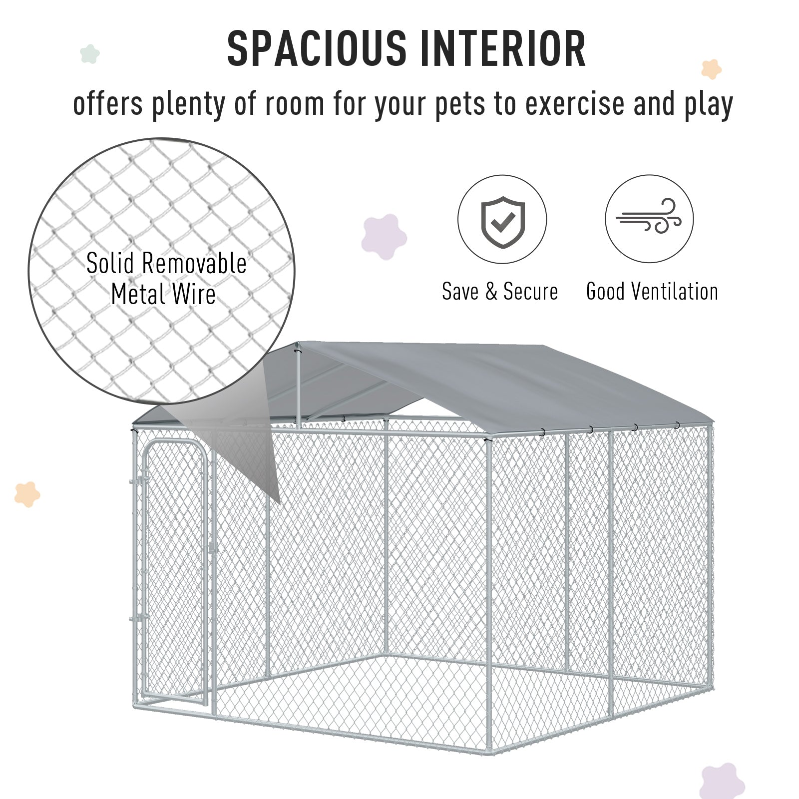 Enclos extérieur pour chien avec toit, serrure en acier et parois latérales grillagées pour jardin et terrasse, 9,8' x 9,8' x 7,7'