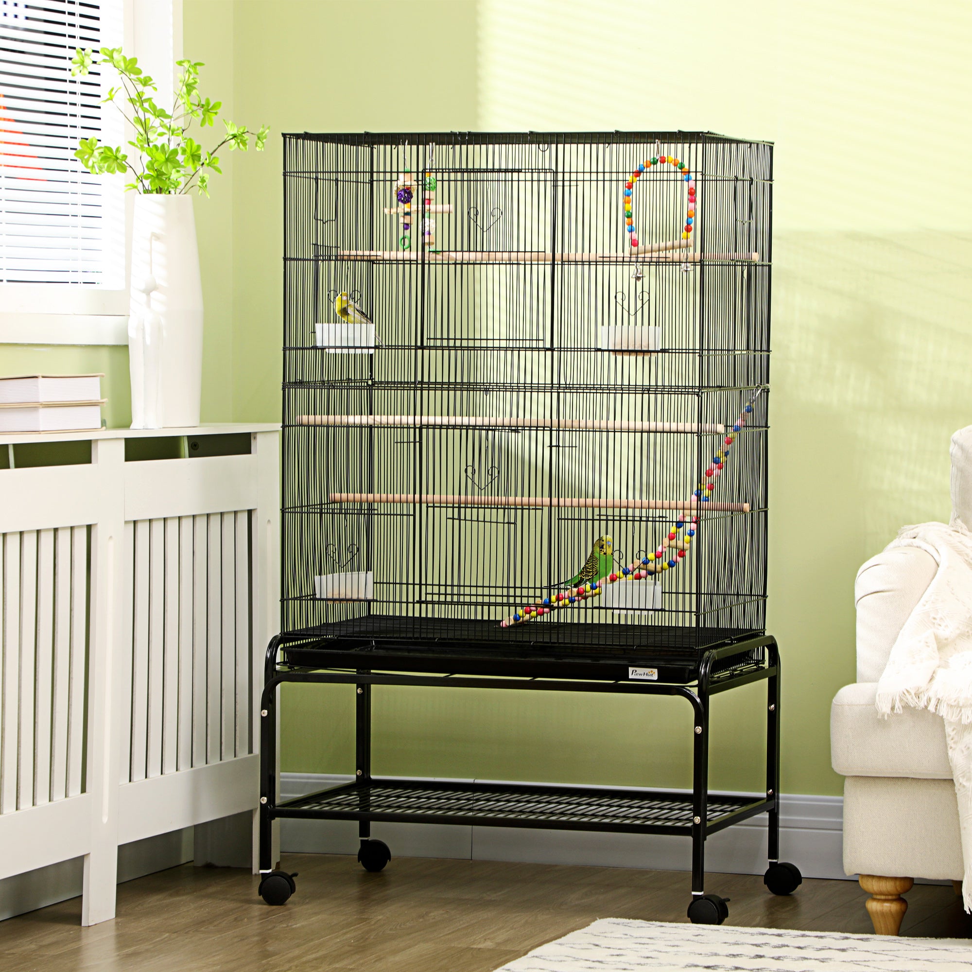 52" Bird Cage with Rolling Stand, Toys, for Budgies Canaries Black