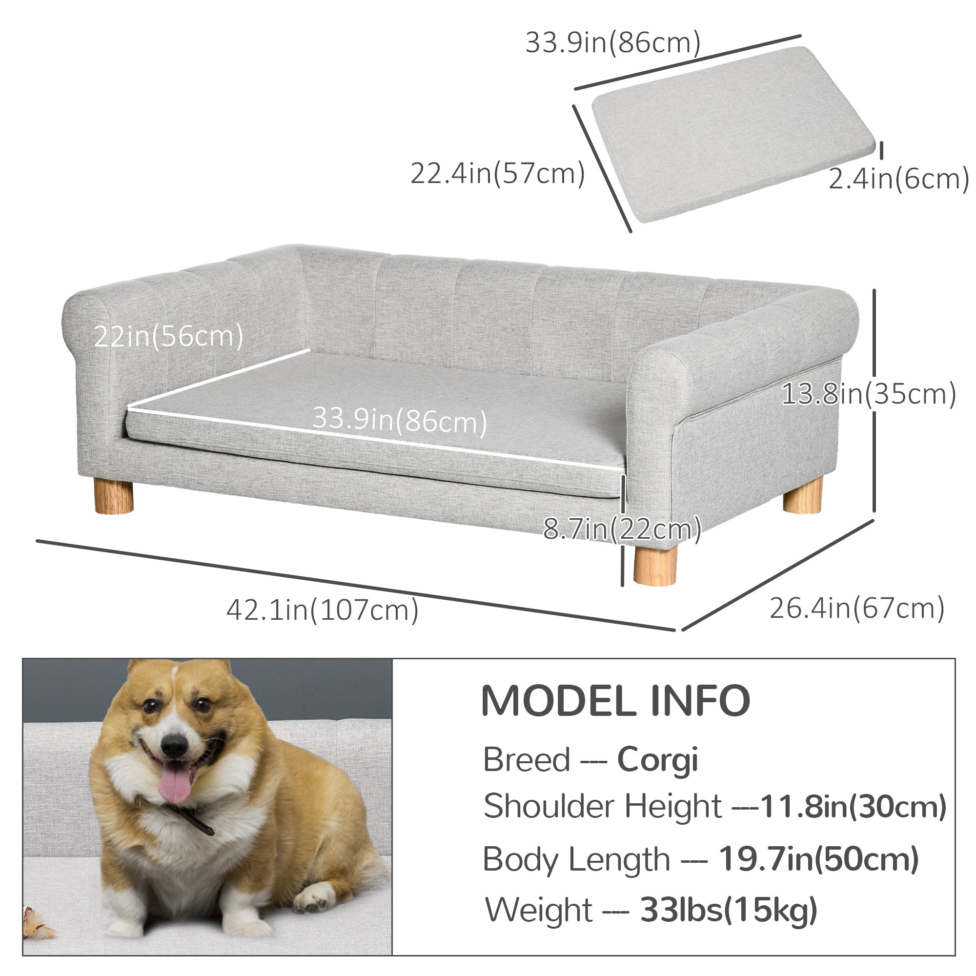 Canapé moderne pour animal de compagnie, pour chat ou chien moyen à grand, avec coussin d’assise amovible, gris clair