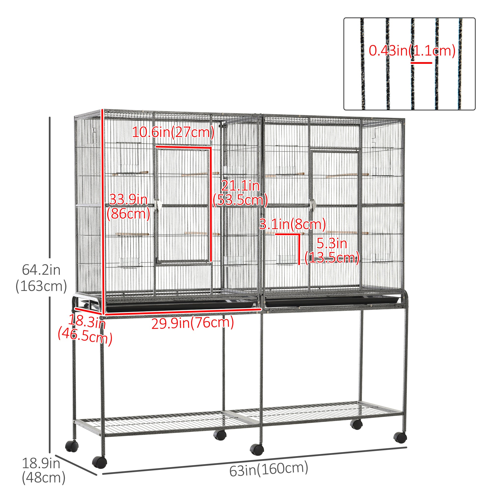 64" Extra Large Bird Cage, Rolling Metal Parrot Cage, Bird House with Detachable Rolling Stand, Storage Shelf, Wood Perch, Food Container, 62.8" x 18.9" x 64.2", Black