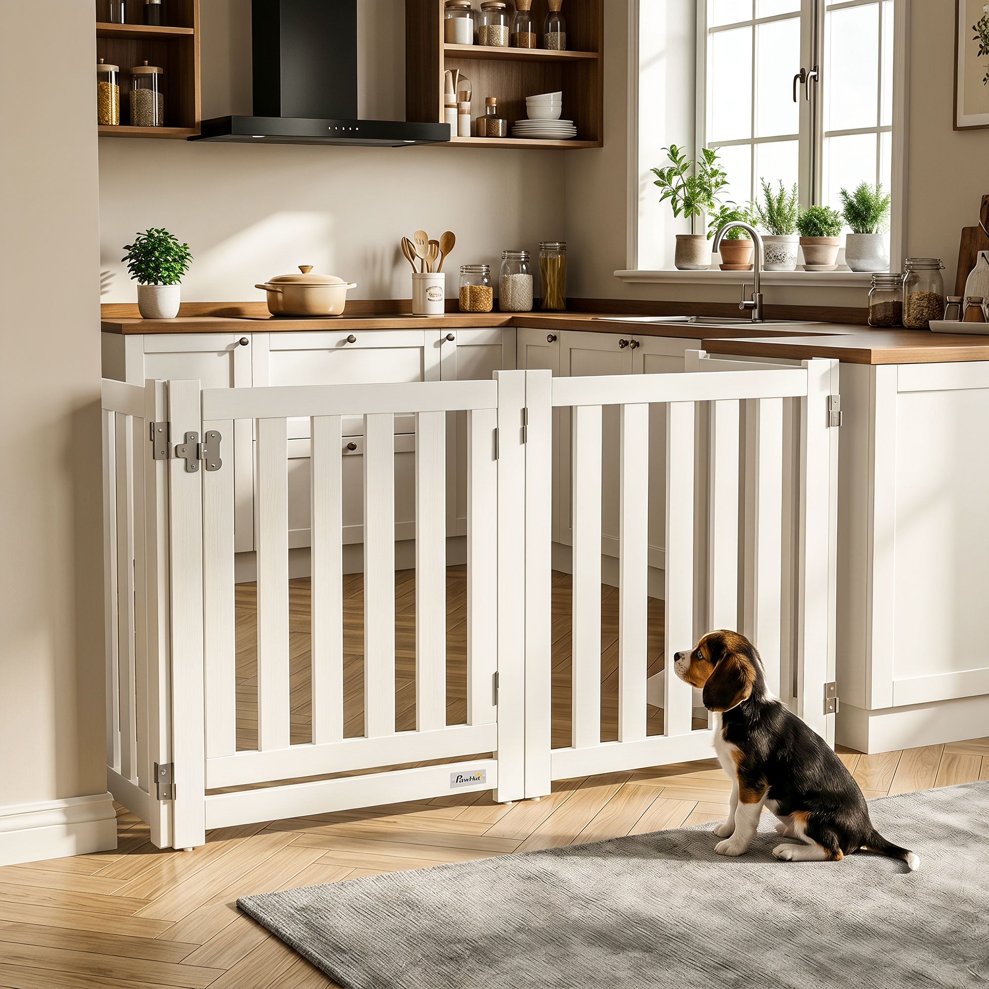 Barrière pliable pour chien de 23.5"H avec porte, 4 panneaux, barrière autoportante pour animaux avec pieds de support, enclos intérieur pour chiots et chiens, blanc