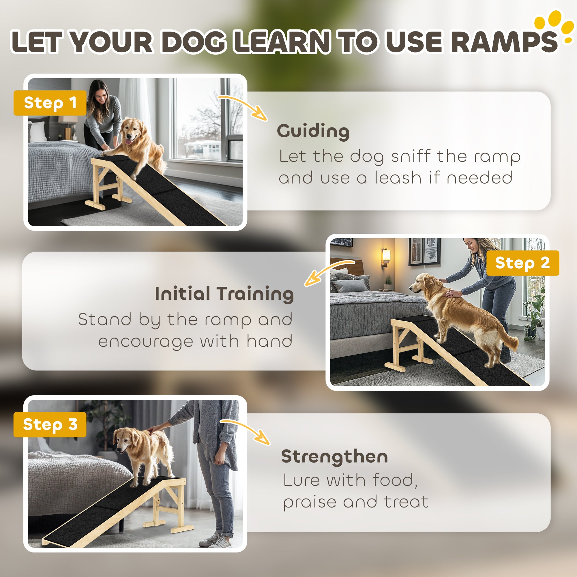 Pet Ramp Bed Steps for Dogs Cats Non-slip Carpet Top Platform Pine Wood 59"L x 16"W x 20"H Natural Wood