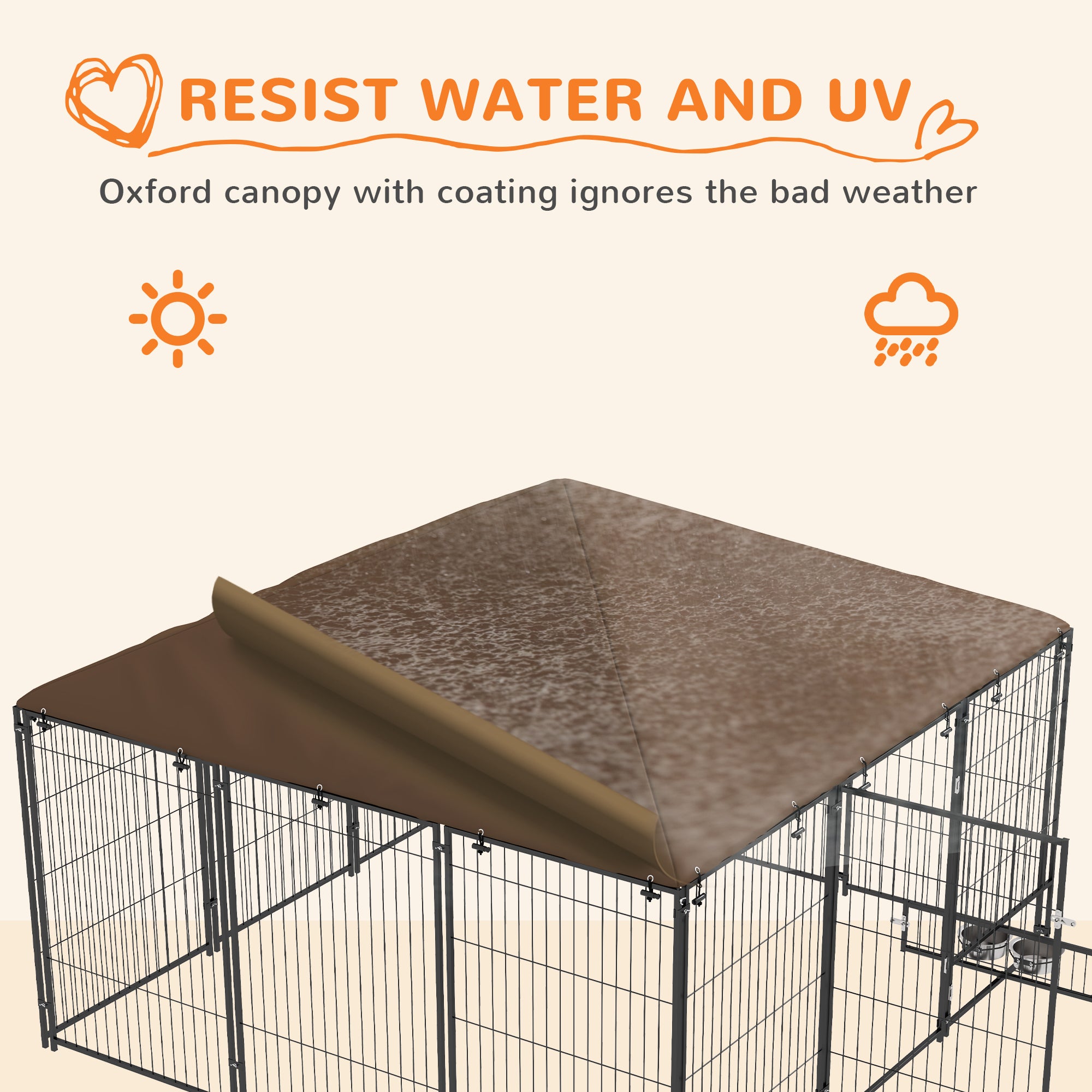 Chenil extérieur pour chien de 6.9' x 6.9' x 5' avec auvent, écuelles rotatives, café