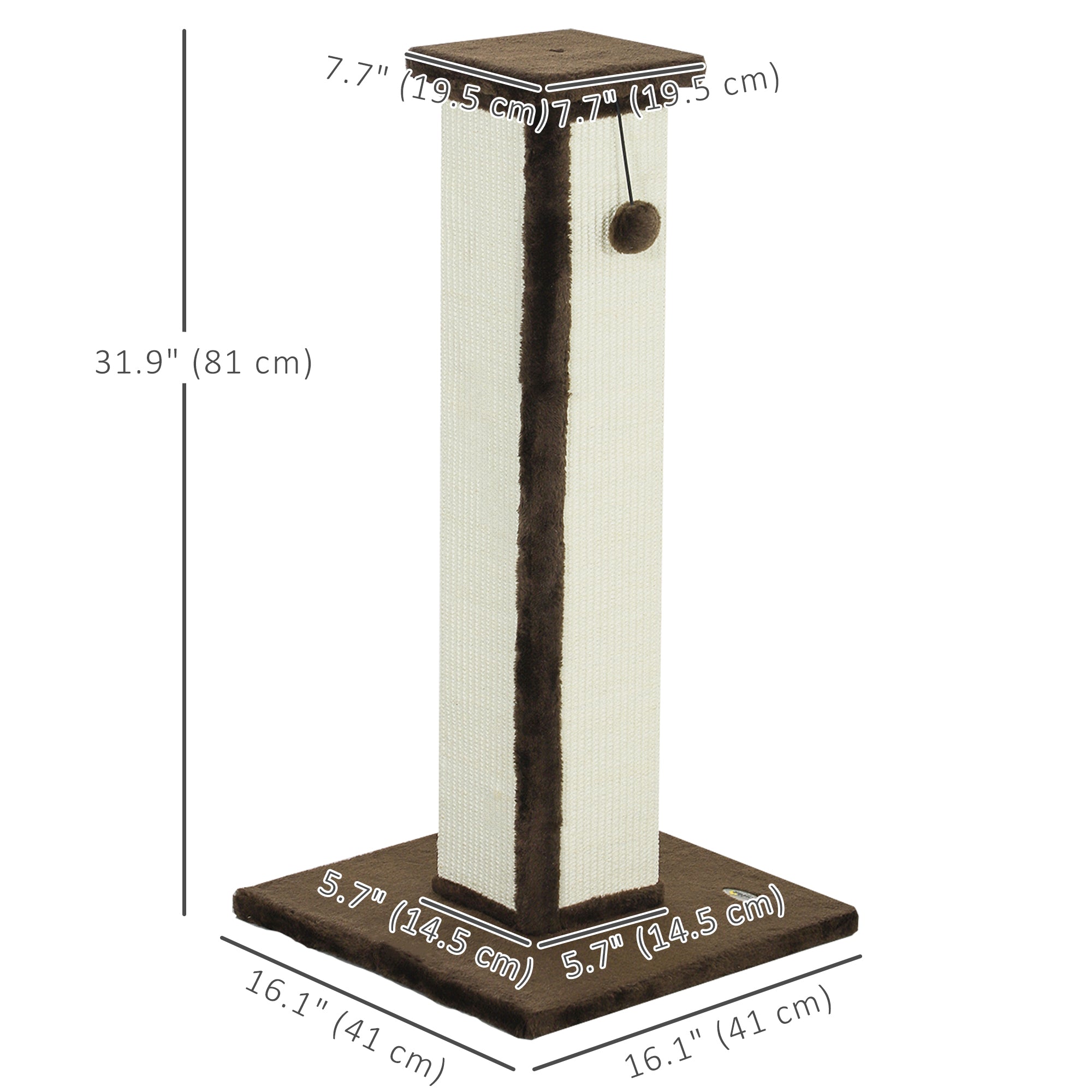32" Tall Cat Scratching Post for Indoor Cats and Kittens, Sisal Cat Scratcher with Hanging Ball Soft Plush, Brown