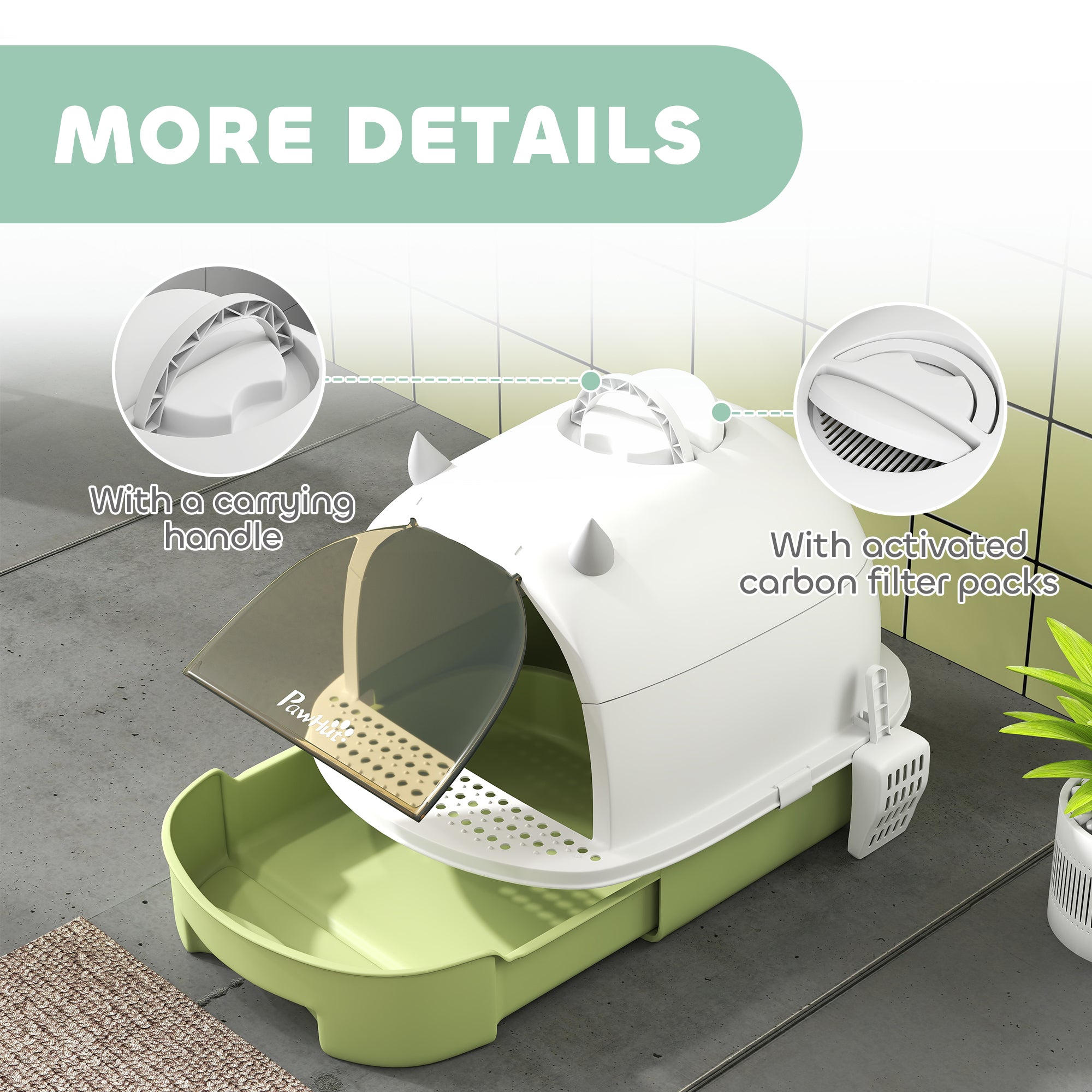 Cat Litter Box with Lid, Front Door Flap, Scoop, Handle, Easy Clean, for Small and Medium Cats, Green