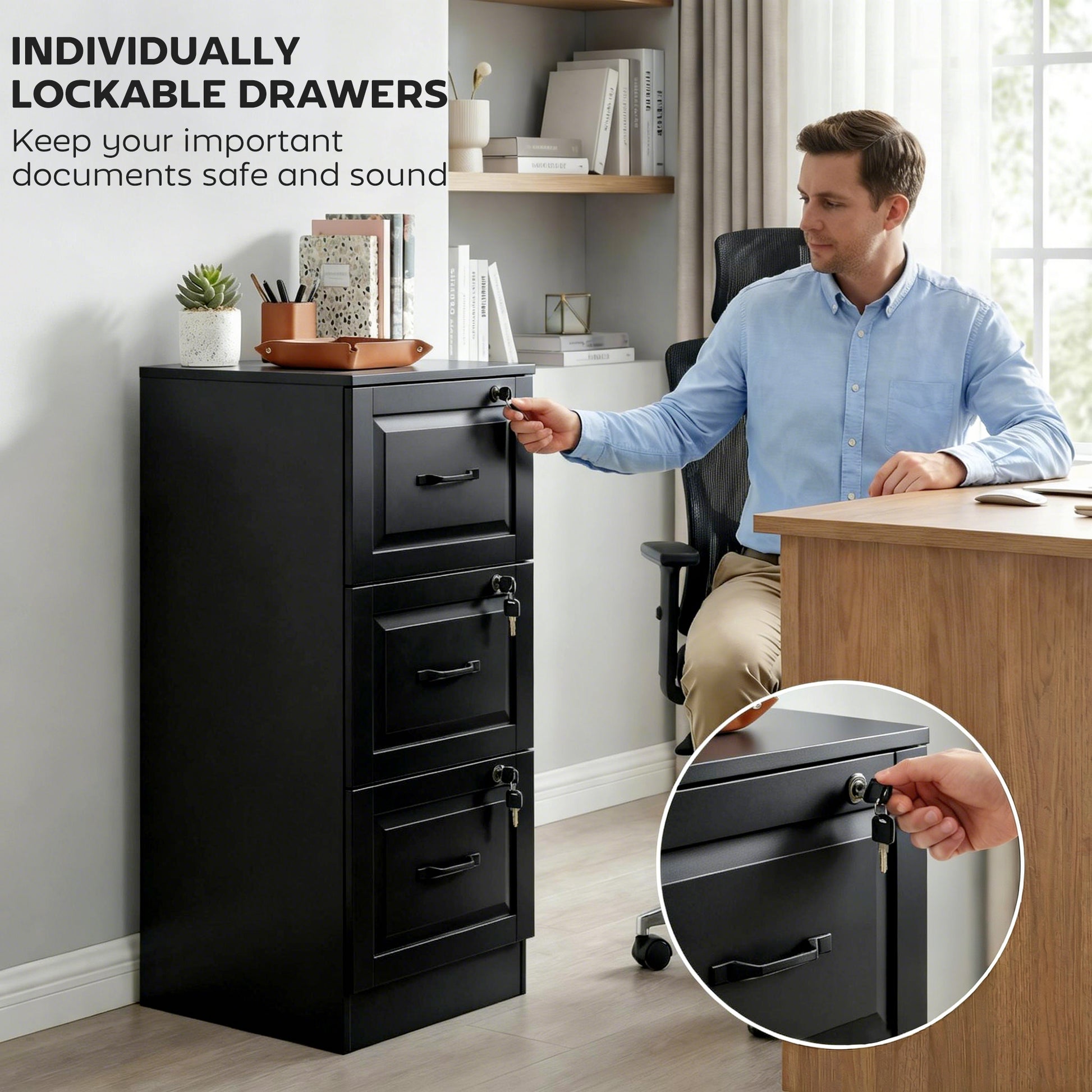 3 Drawer File Cabinet with Lock, Vertical Filing Cabinet with Adjustable Hanging Bars for A4 and Letter Size, Black-Office Products > Office Furniture > Office Cabinets & Cupboards-DECOROLALA