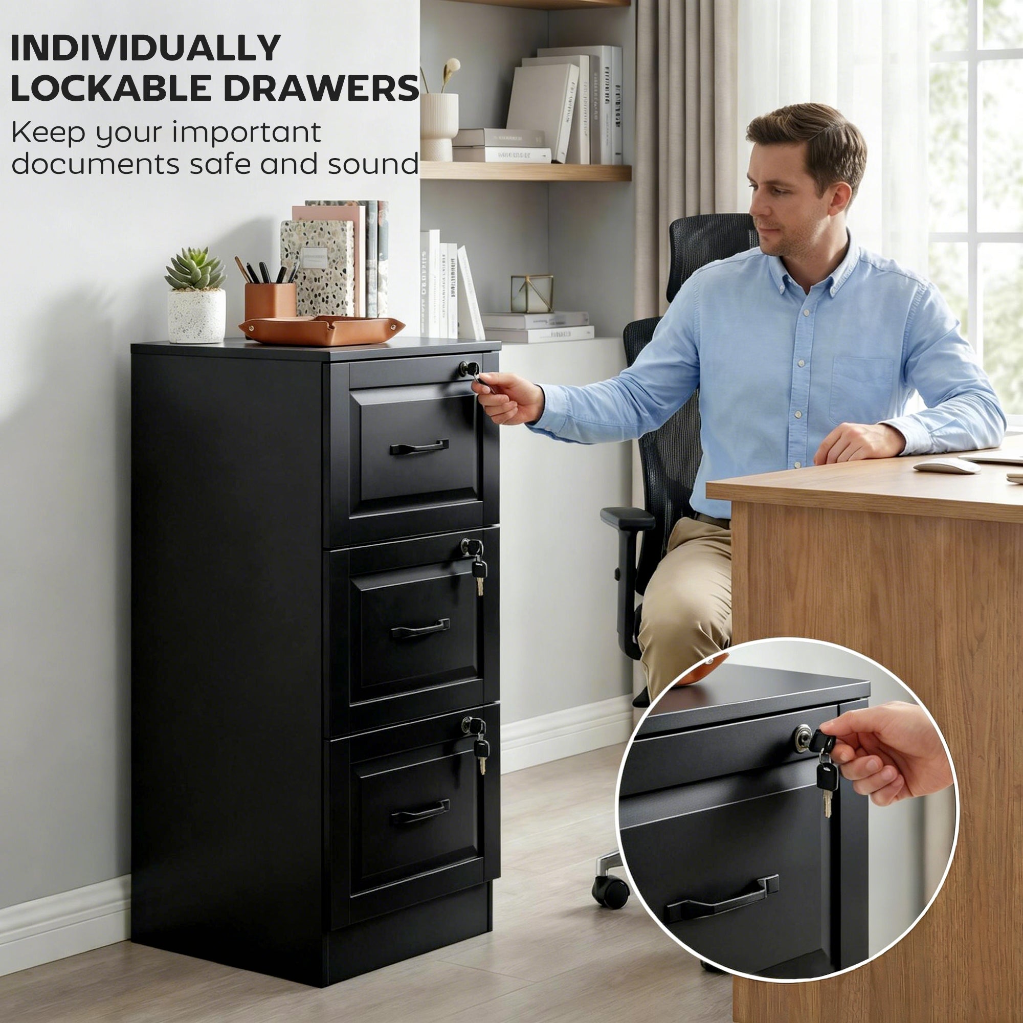 3 Drawer File Cabinet with Lock, Vertical Filing Cabinet with Adjustable Hanging Bars for A4 and Letter Size, Black-Office Products > Office Furniture > Office Cabinets & Cupboards-DECOROLALA