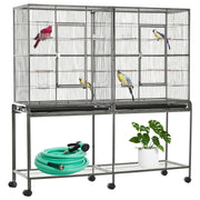 64" Extra Large Bird Cage, Rolling Metal Parrot Cage, Bird House with Detachable Rolling Stand, Storage Shelf, Wood Perch, Food Container, 62.8" x 18.9" x 64.2", Black