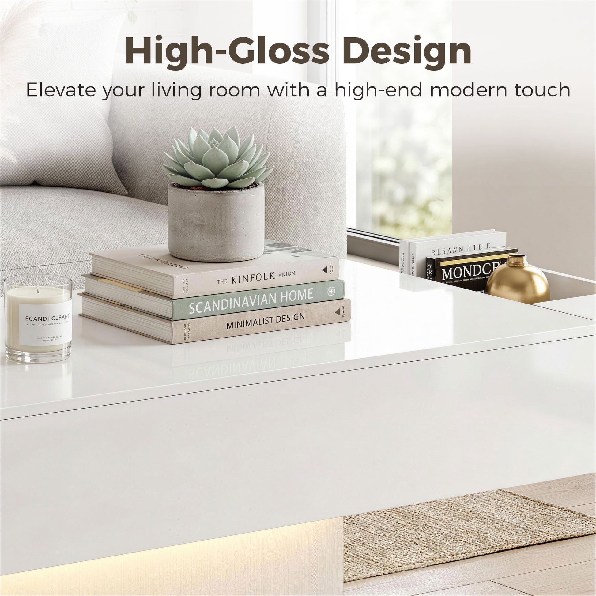LED Coffee Table with Storage, High Gloss Modern Center Table with 2 Drawers and Remote Control for Living Room, White-Home Furnishings > Living Room Furniture > Coffee Tables-DECOROLALA