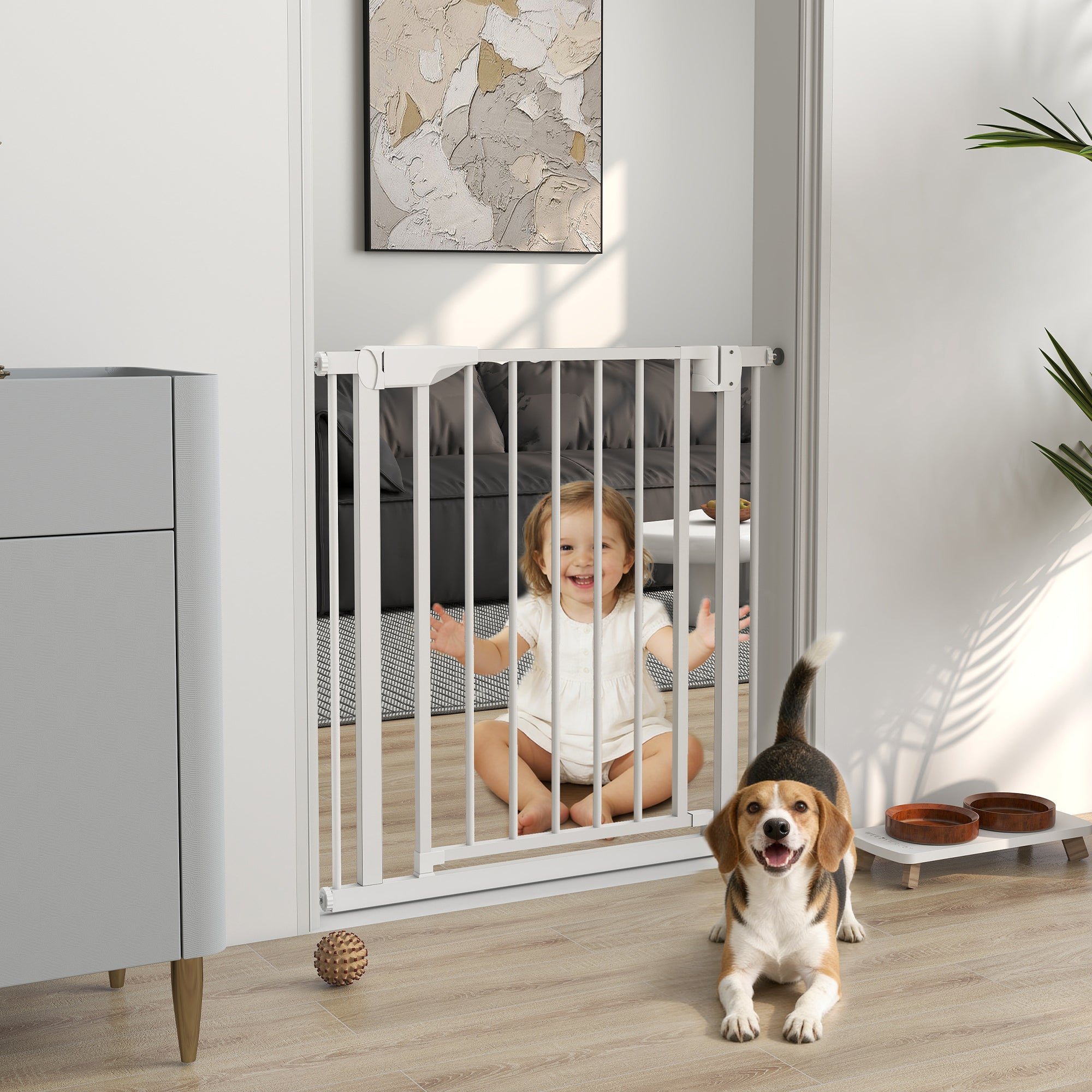Baby Gate, Pet Safety Gate Pressure Fit, 30"-32" Wide with Two-Way Open, Auto-Close for Stair, Doorways, Hallways, White