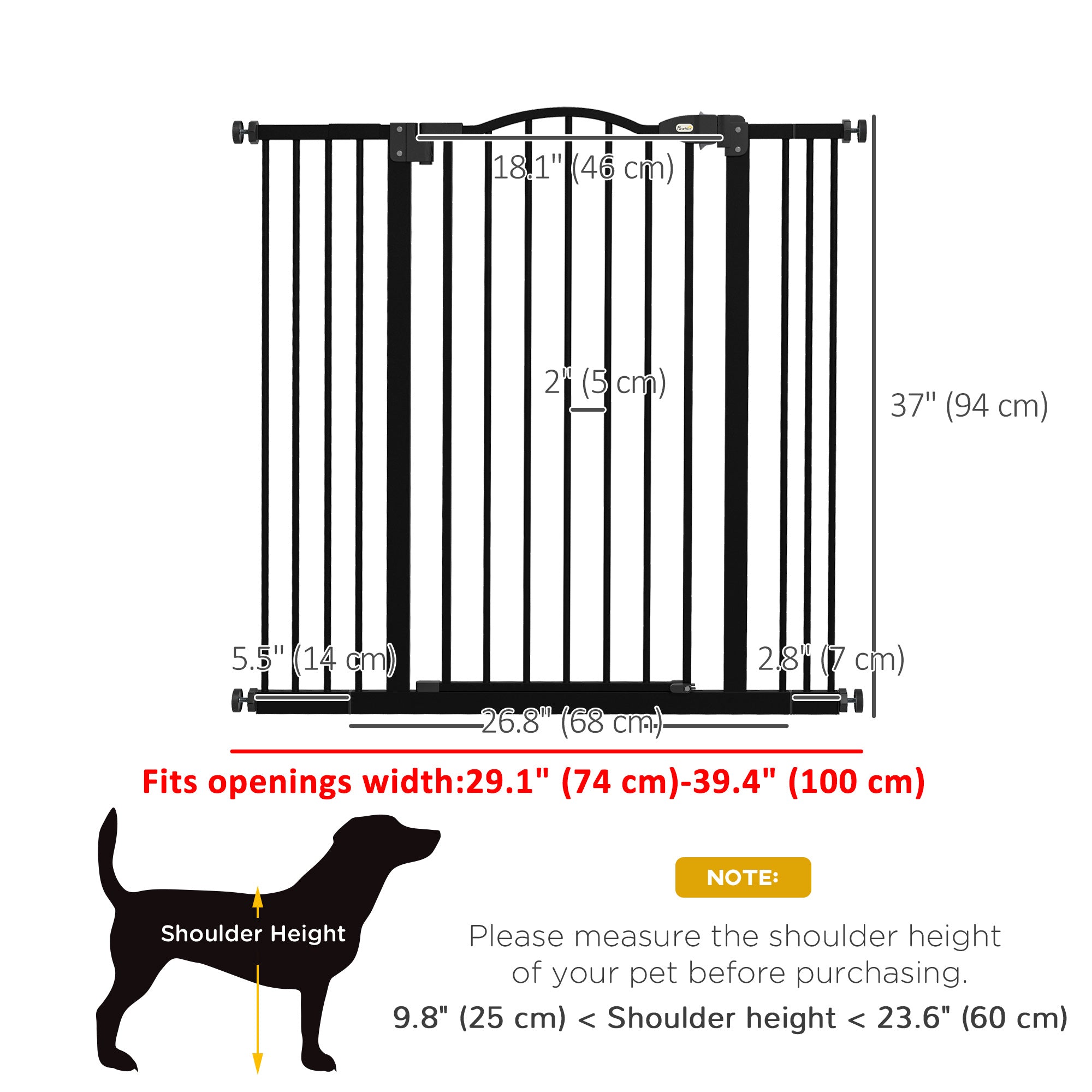 Extra Tall Dog Gate with Door, Pressure Fit, Auto Close, Double Locking for Doorways Hallways Stairs, 29"-39", Black