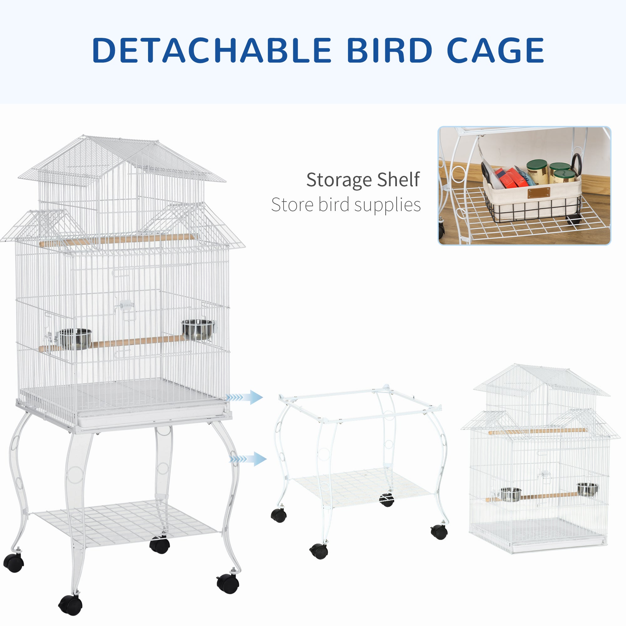 Grande cage à oiseaux roulante en acier de 53.9'', avec maison pour oiseaux, support roulant détachable, étagère de rangement, perchoir en bois, récipient à nourriture, blanche
