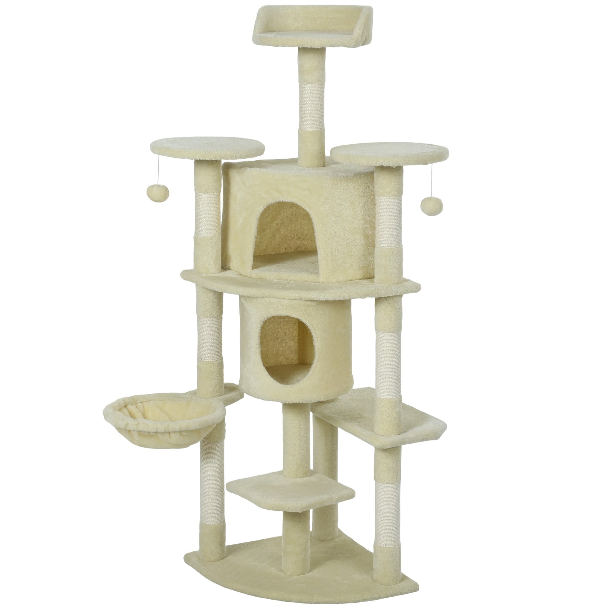 62" Cat Tree with Scratching Post, 2 Condos, Hammock, Perches, Plush, Pompoms, for Indoor Cats, Beige