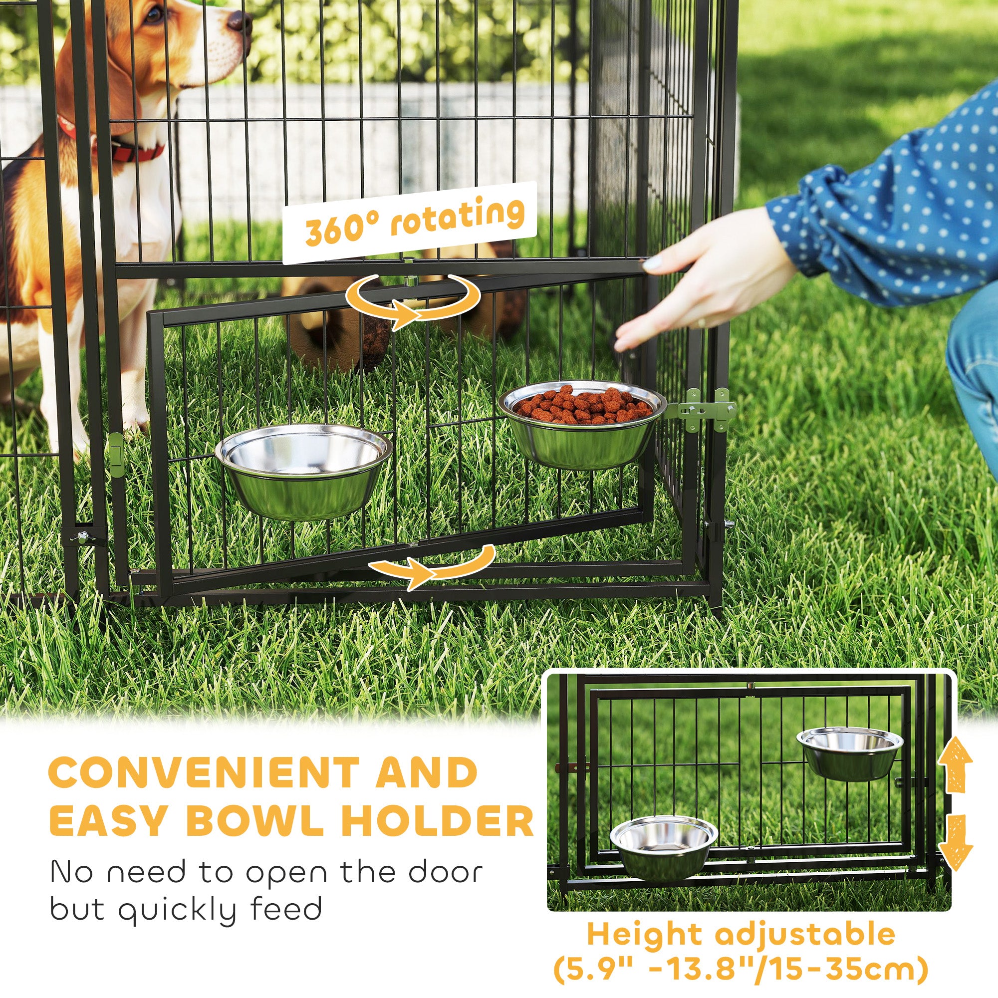 Outdoor Dog Kennel with 2 Rooms, Rotating & Adjustable Height Bowls, Waterproof UV-Resistant Cover, 16.2' x 4.7' x 5.1'