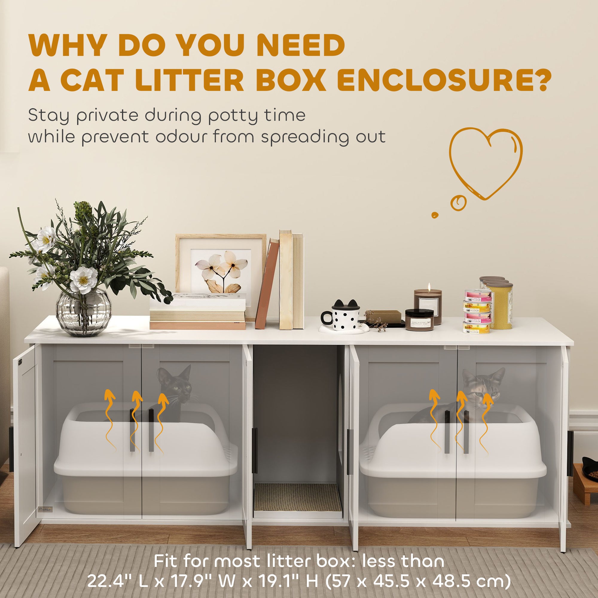 Cat Litter Box Enclosure with Double Room, Scratching Board for 2 Cats, 57" x 19" x 20", White