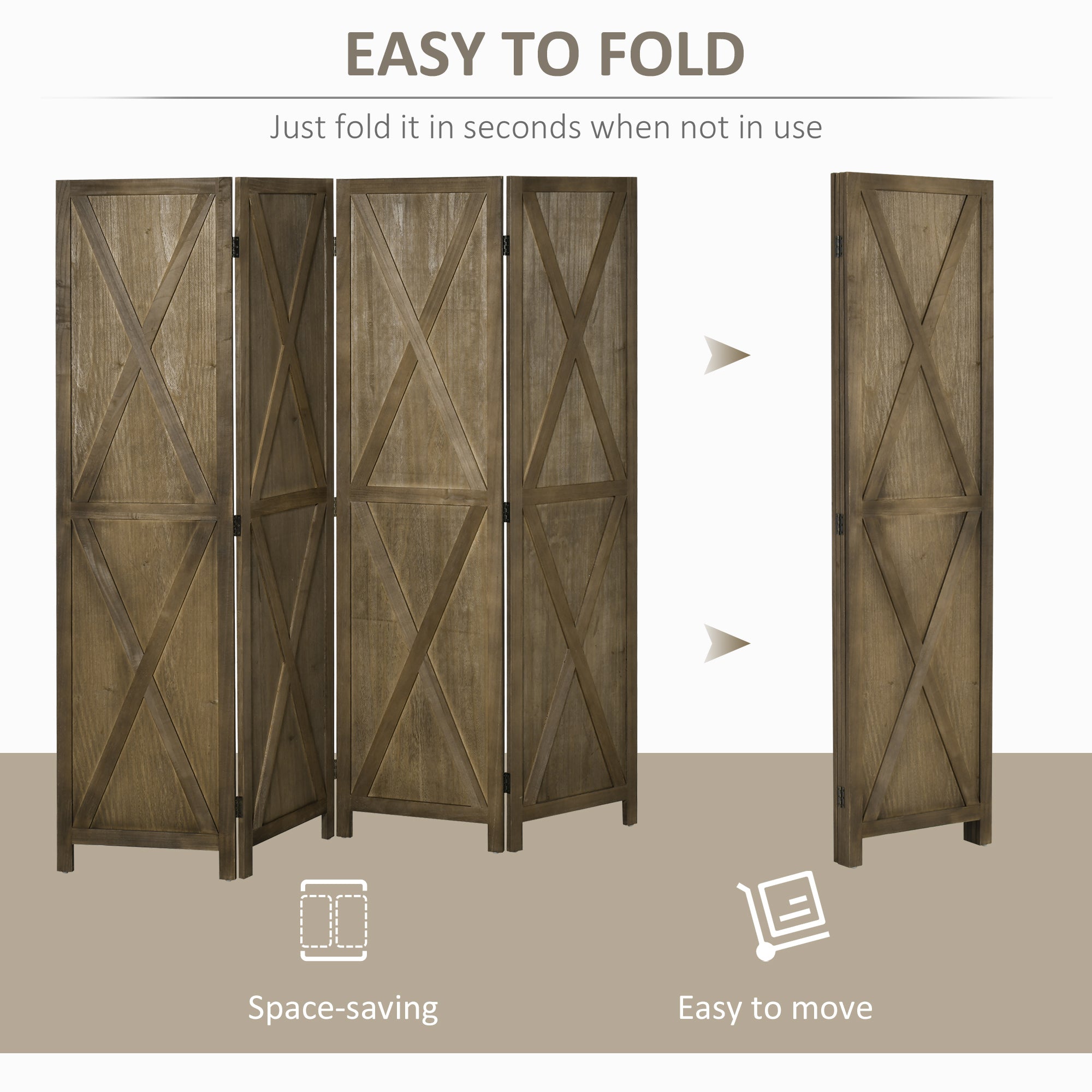 4-panel Wall Partition Farmhouse Room Separator with Foldable Design Wooden Frame 5.6FT, Brown