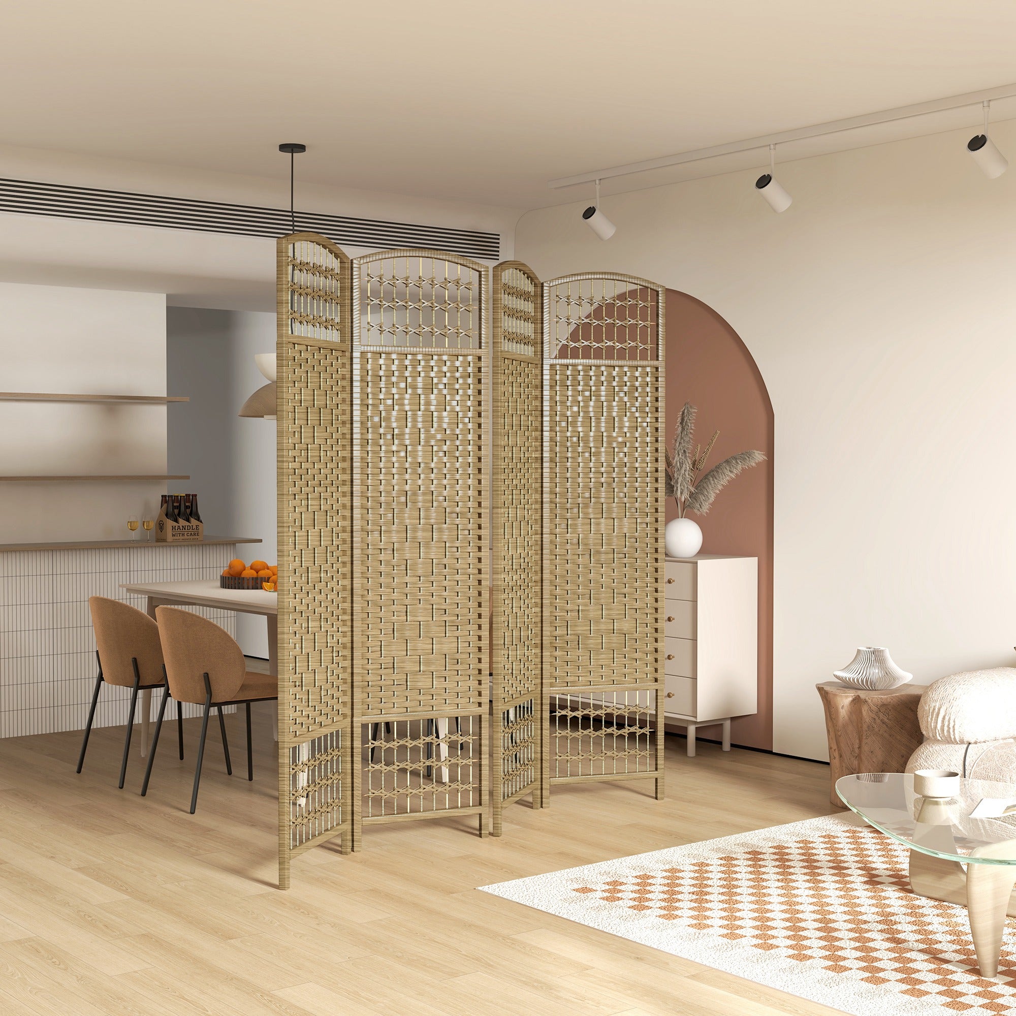 4 Panel Folding Room Divider, Portable Privacy Screen, Wave Fiber Room Partition for Home Office, Natural