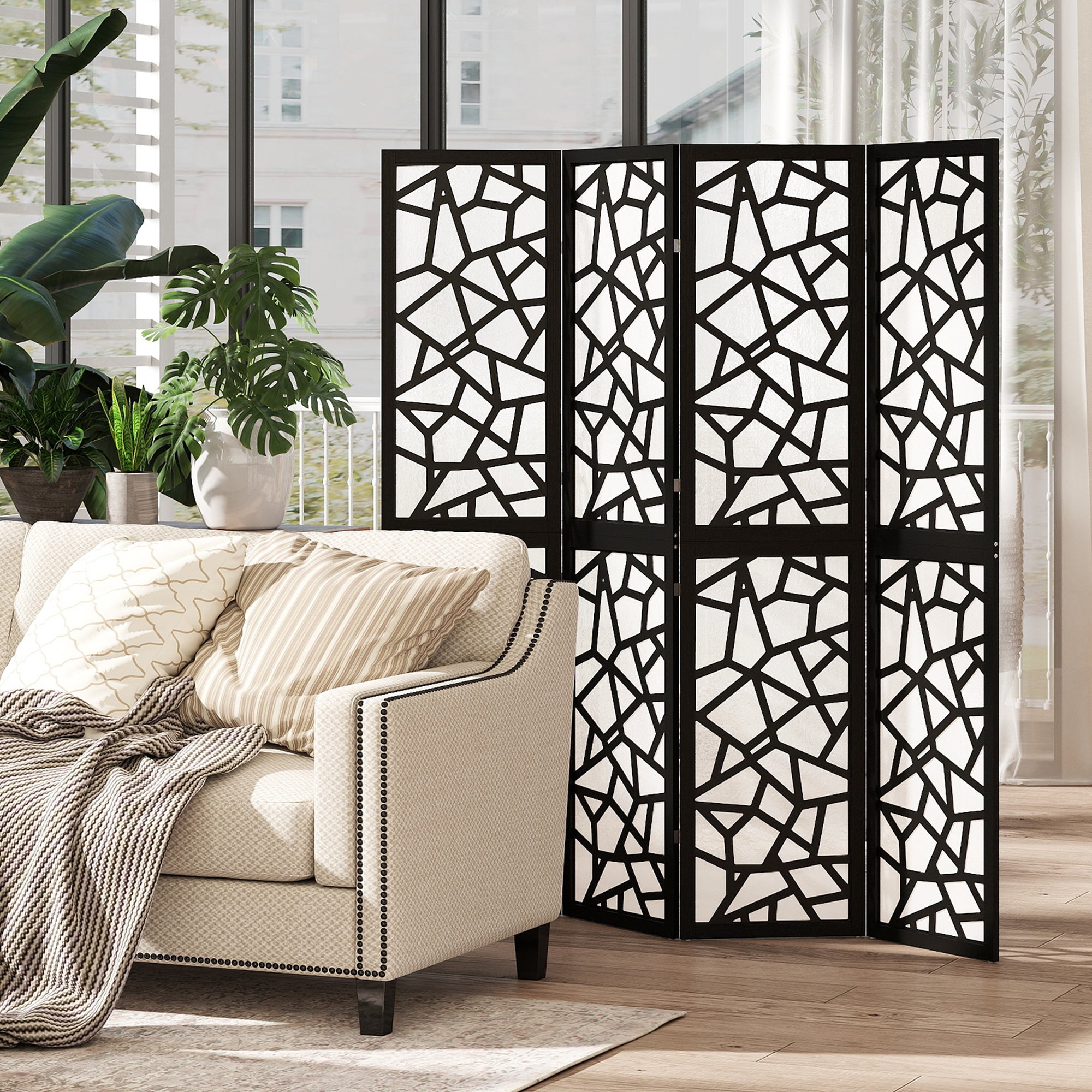 4 Panel Room Divider, 5.6 FT Lightweight Folding Privacy Screen with Geometric Pattern for Living Room, Bedroom, Black