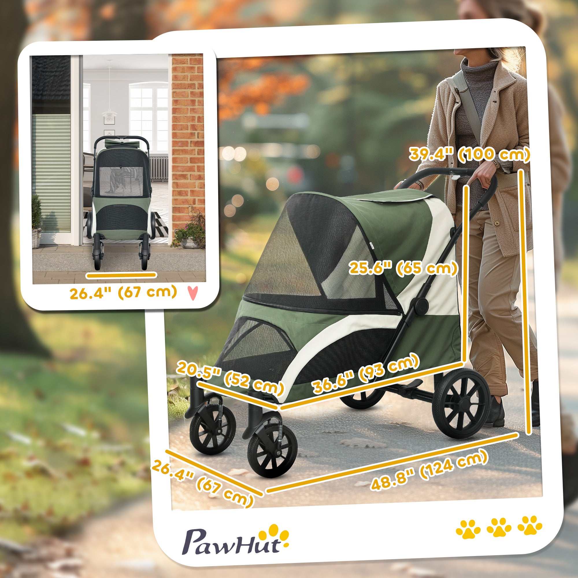 Foldable Pet Stroller for Medium Dogs with Four Big Wheels, Shock-Absorbing Frame, Safety Leashes, Brakes, Dark Green