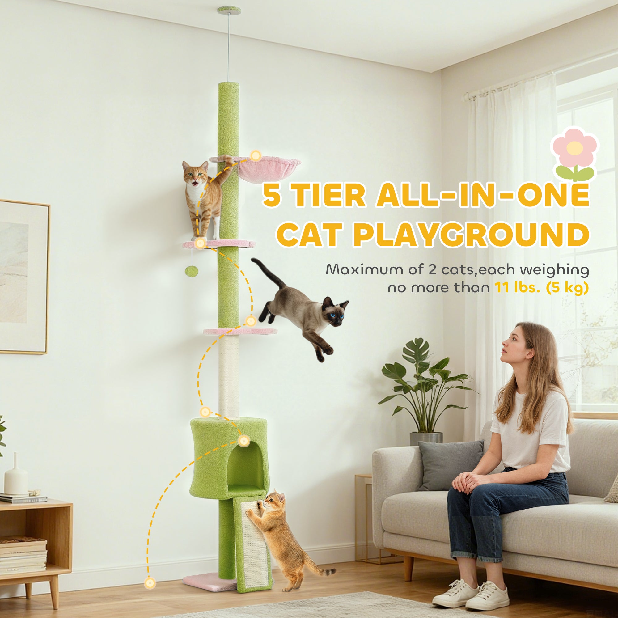 87"-94.5" Floor to Ceiling Cat Tree with Sisal Scratching Post, Condo, Hammock, Ramp, Perches, Green