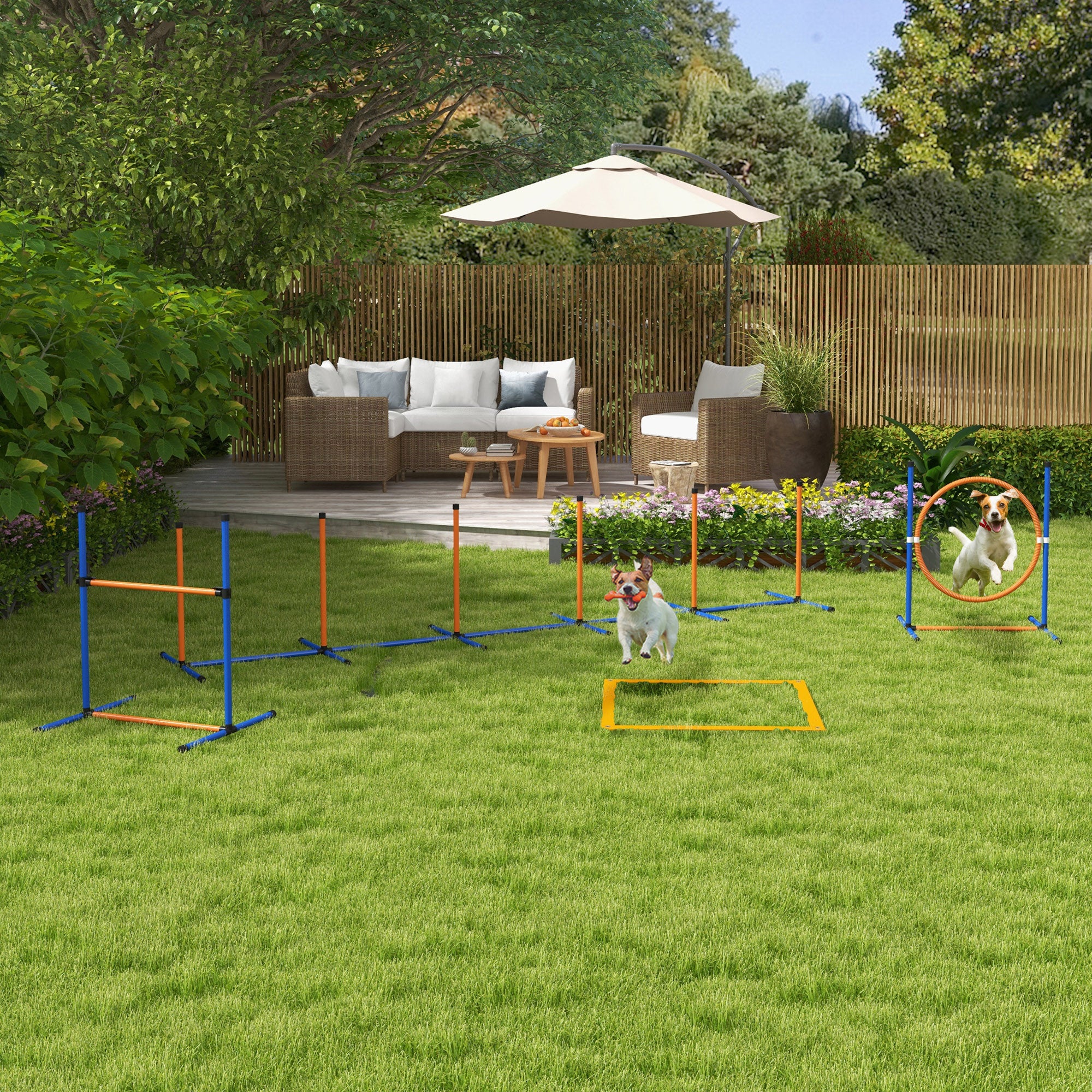 Dog Agility Training Equipment w/ Weave Poles, Adjustable Hurdle, Jump Ring, Pause Box, Whistle, Balls, Carry Bag