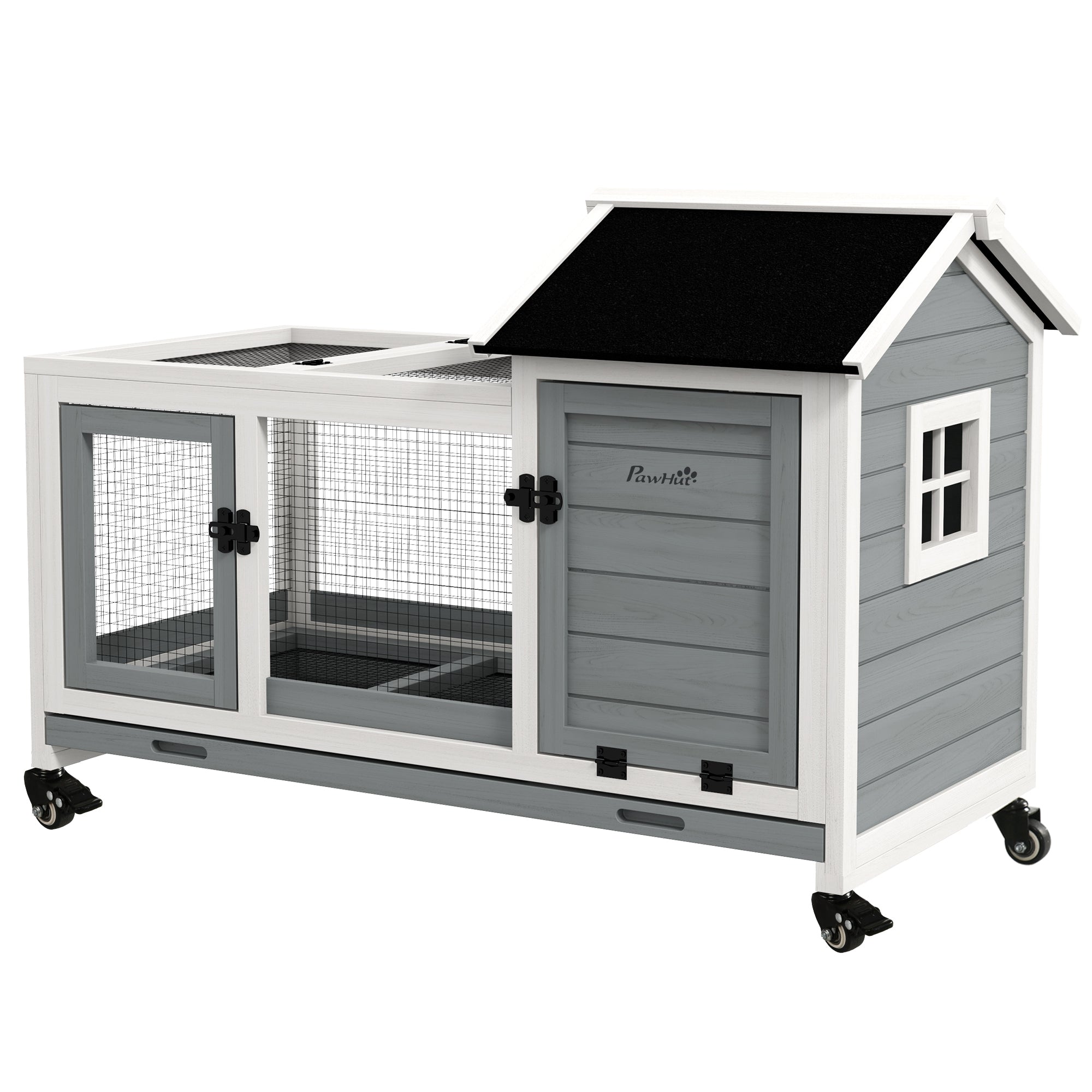 Cage à lapin avec roulettes, rampe, espace d’exercice et bac, pour intérieur et extérieur, adapté aux lapins et aux cochons d’Inde, gris