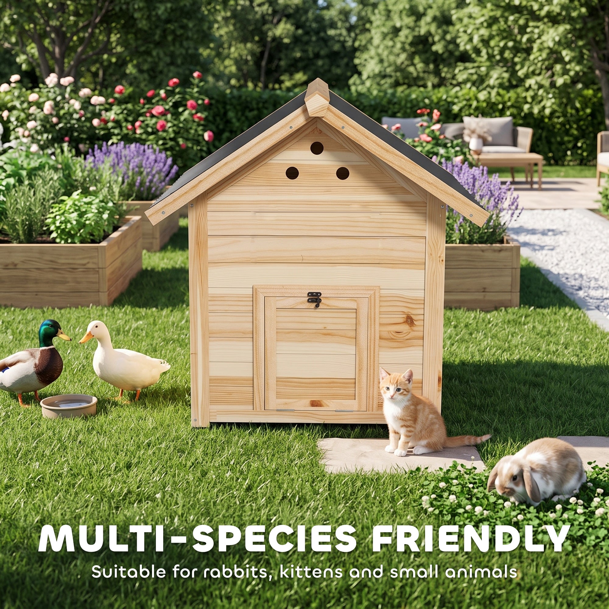 Duck Coop, Wooden Duck House with Openable Roof & Double Doors, Natural Wood
