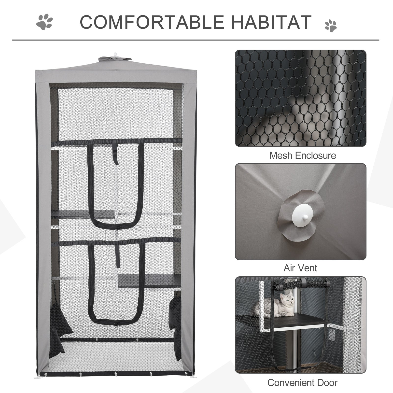 79"H Catio Outdoor Cat Enclosure, Steel Frame Cat Cage with 3 Platforms, 2 Doors and 4 Sandbags for Stability